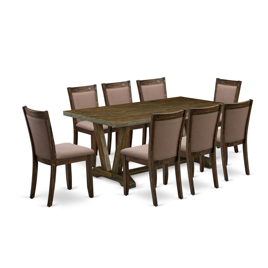 East West Furniture V777MZ748-9 9 Piece Modern Dining Table Set Includes a Rectangle Wooden Table with V-Legs and 8 Coffee Linen Fabric Upholstered Chairs, 40x72 Inch, Multi-Color