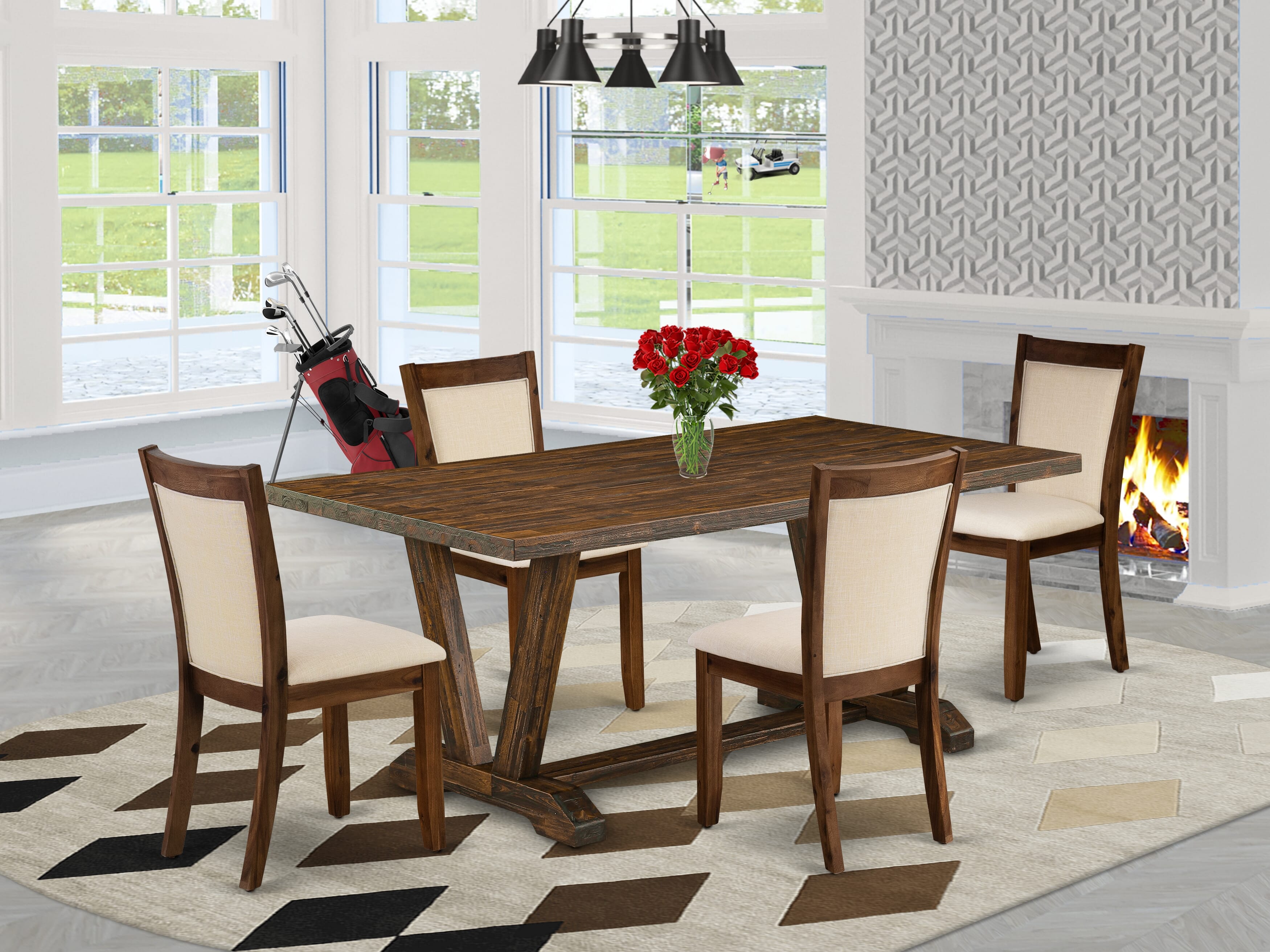 East West Furniture V777MZN32-5 5-Pc Dining Room Set Includes a Dining Table and 4 Light Beige Linen Fabric Mid Century Dining Chairs with Stylish Back - Distressed Jacobean Finish
