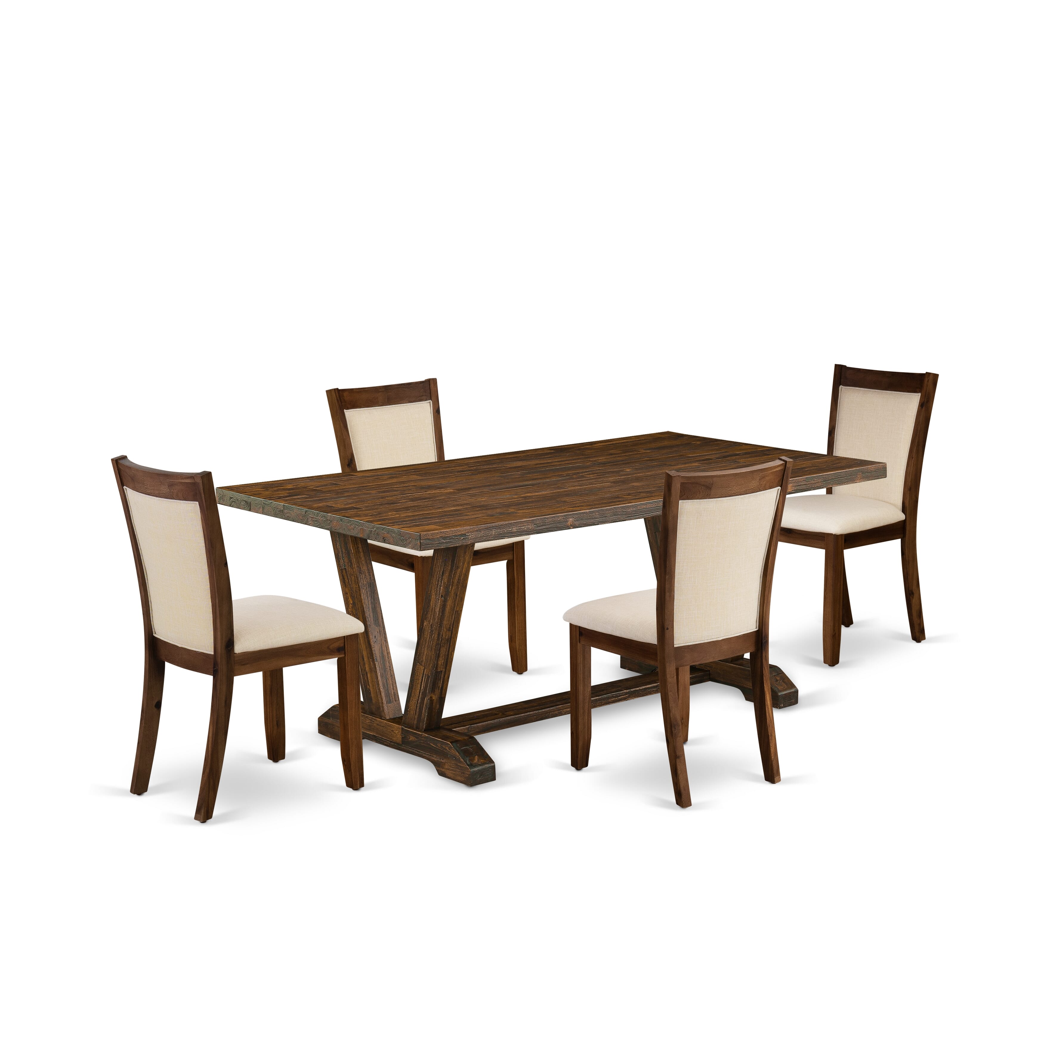 East West Furniture V777MZN32-5 5-Pc Dining Room Set Includes a Dining Table and 4 Light Beige Linen Fabric Mid Century Dining Chairs with Stylish Back - Distressed Jacobean Finish