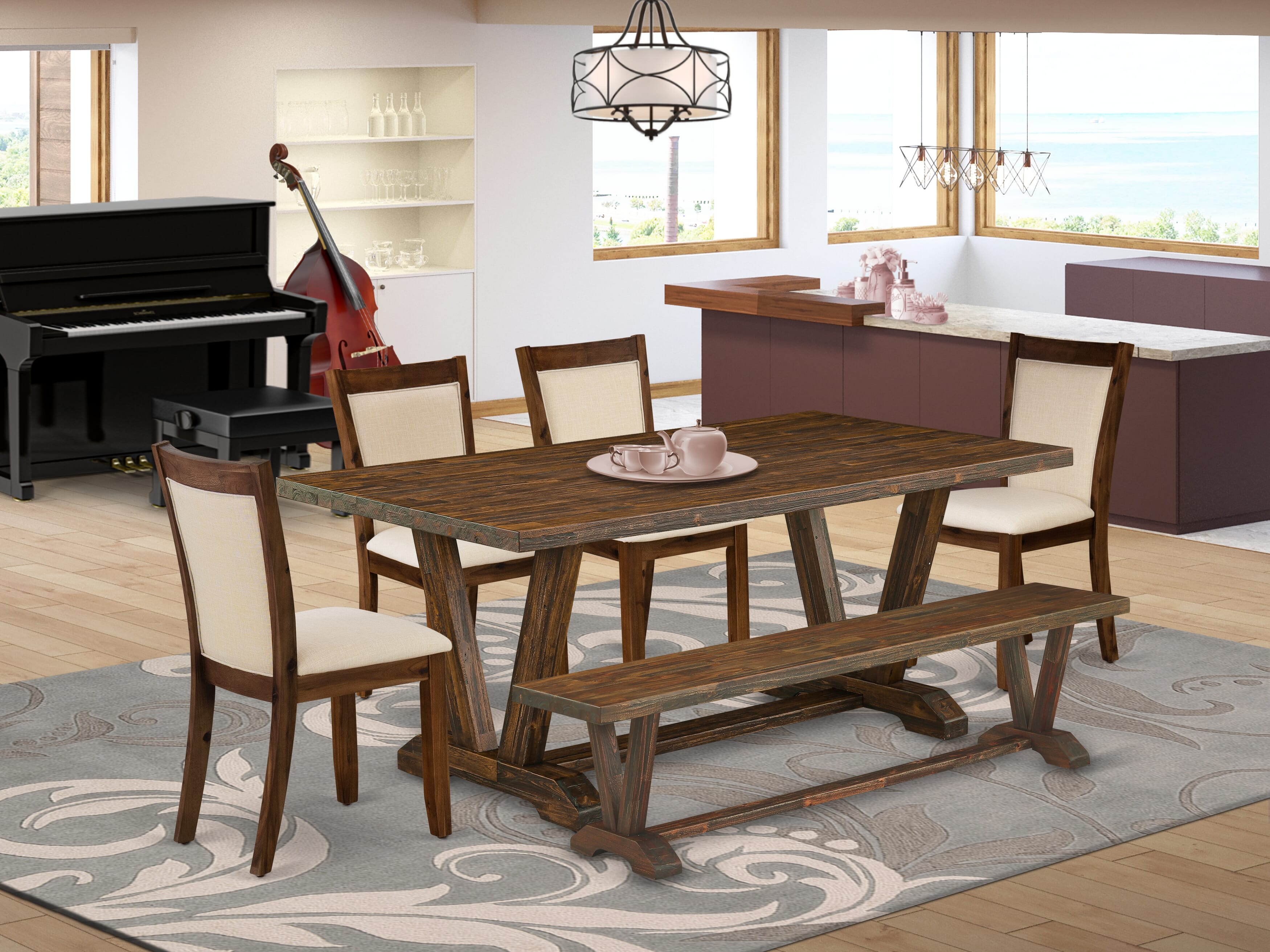 East West Furniture V777MZN32-6 6-Piece Modern Dining Set Consists of a Rectangular Table and a Small Bench with 4 Light Beige Linen Fabric Dining Chairs with Stylish Back - Distressed Jacobean Finish