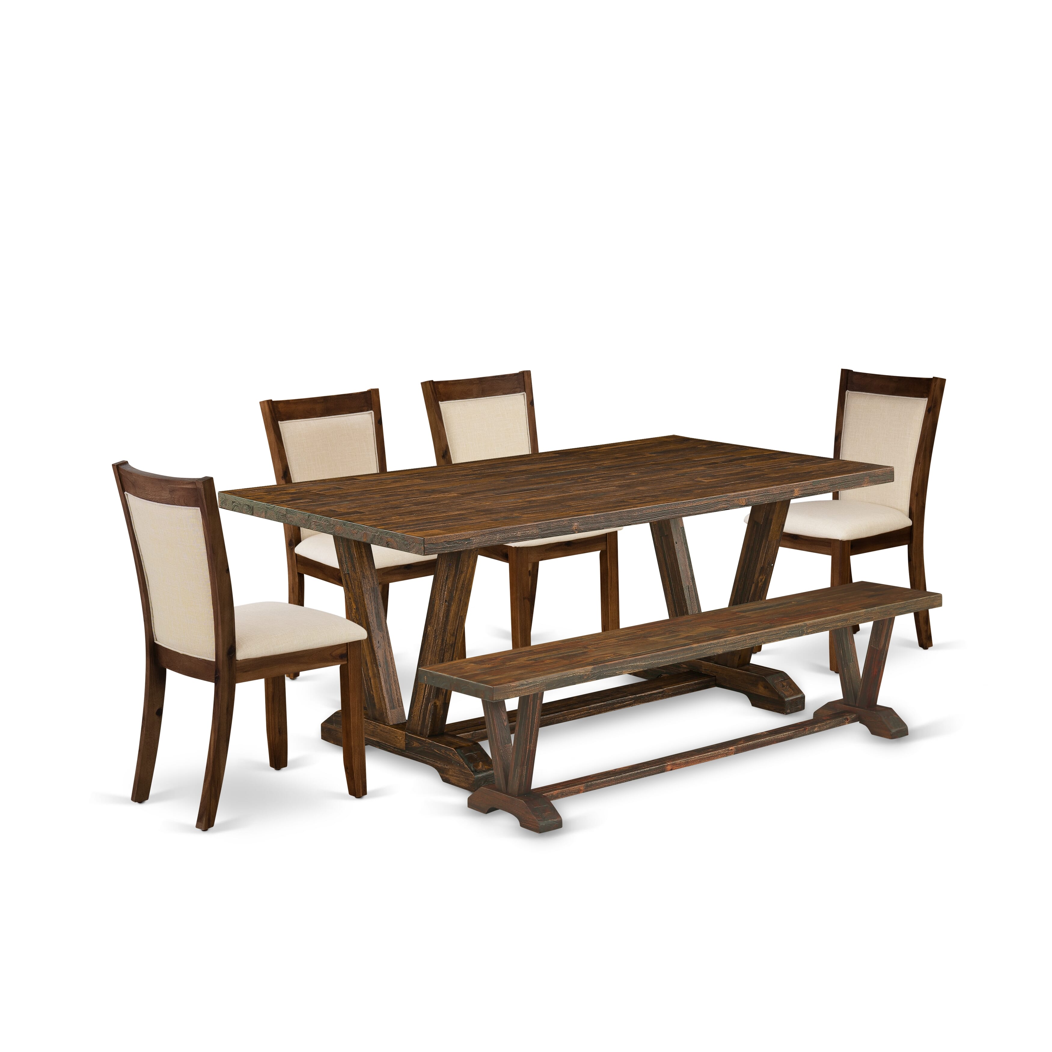 East West Furniture V777MZN32-6 6-Piece Modern Dining Set Consists of a Rectangular Table and a Small Bench with 4 Light Beige Linen Fabric Dining Chairs with Stylish Back - Distressed Jacobean Finish