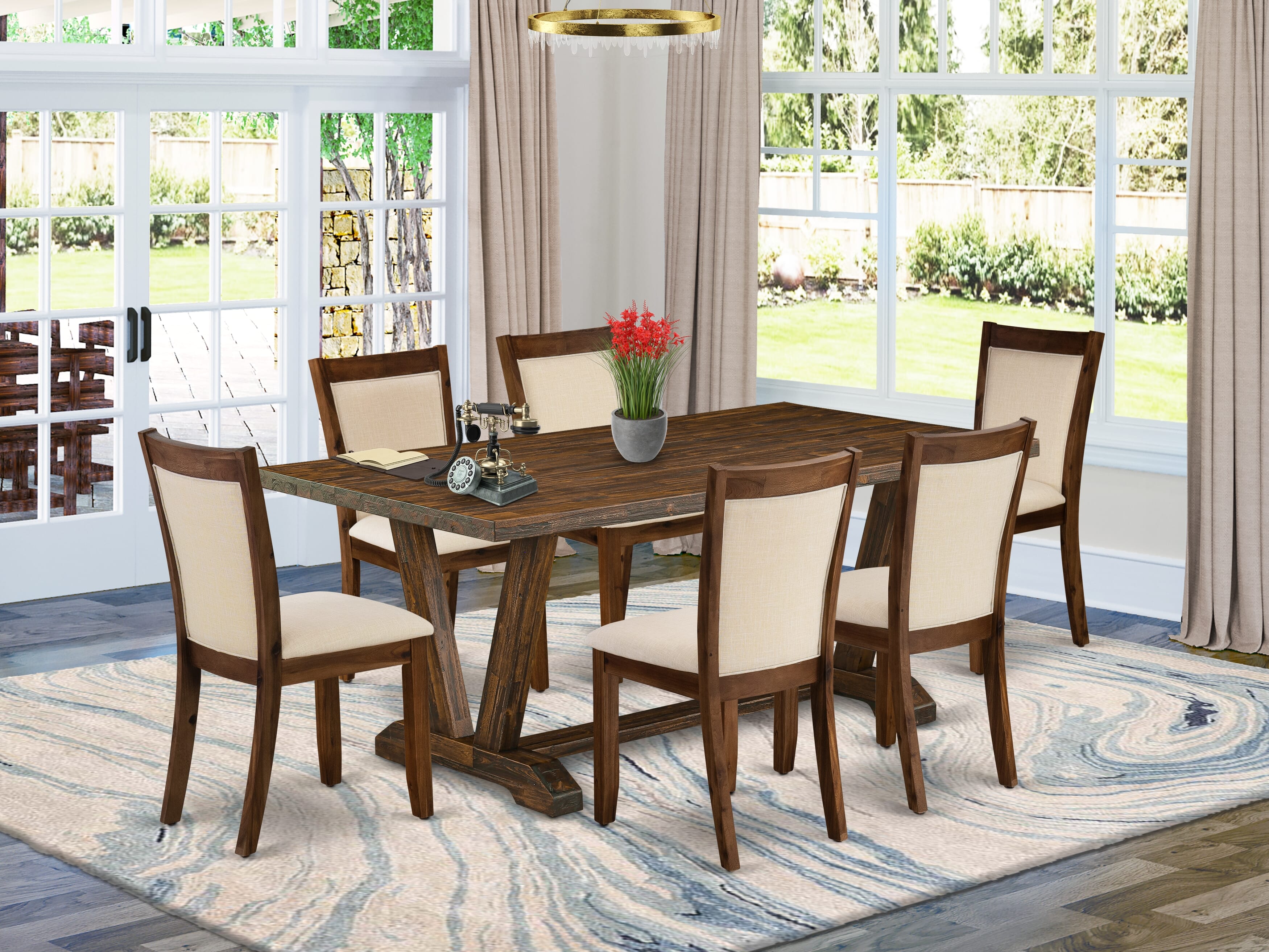 East West Furniture V777MZN32-7 7-Pc Dining Table Set Contains a Rectangular Dining Table and 6 Light Beige Linen Fabric Parsons Chairs with Stylish Back - Distressed Jacobean Finish