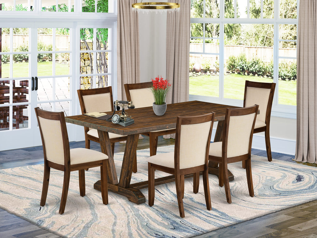 East West Furniture V777MZN32-7 7-Pc Dining Table Set Contains a Rectangular Dining Table and 6 Light Beige Linen Fabric Parsons Chairs with Stylish Back - Distressed Jacobean Finish