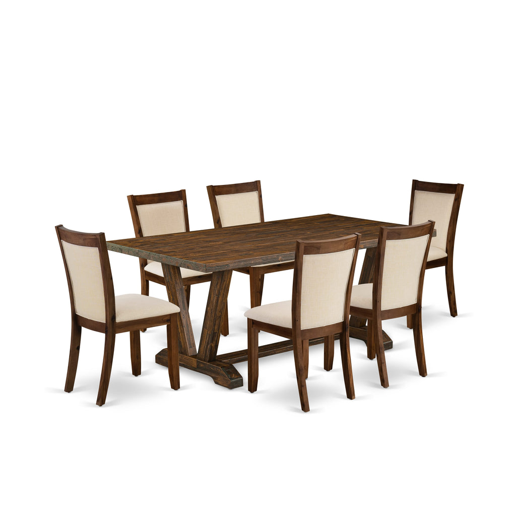East West Furniture V777MZN32-7 7-Pc Dining Table Set Contains a Rectangular Dining Table and 6 Light Beige Linen Fabric Parsons Chairs with Stylish Back - Distressed Jacobean Finish