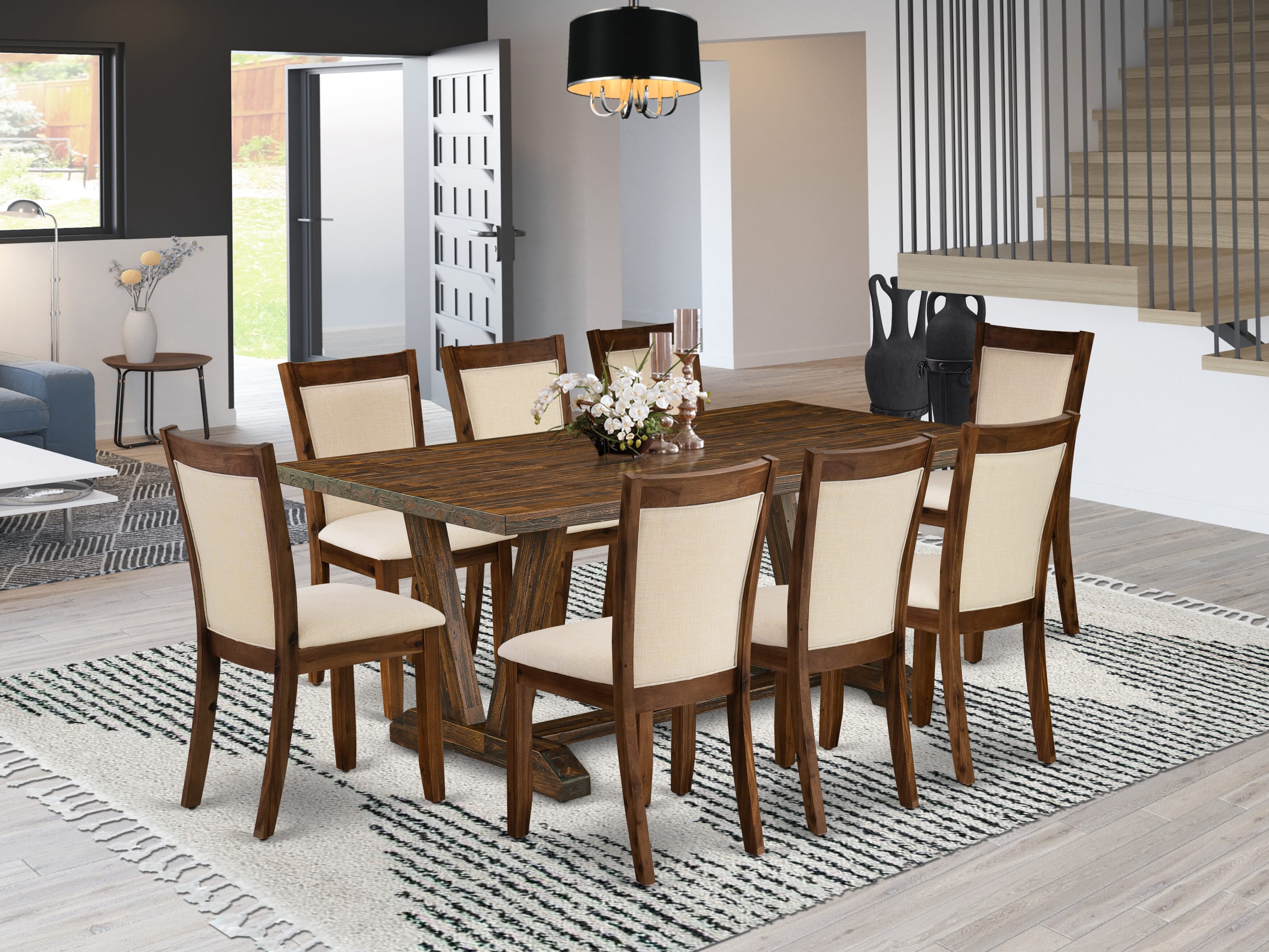 East West Furniture V777MZN32-9 9-Piece Dining Room Set Includes a Dinner Table and 8 Light Beige Linen Fabric Upholstered Chairs with Stylish Back - Distressed Jacobean Finish