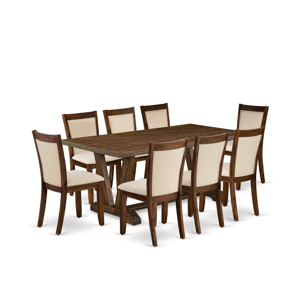 East West Furniture V777MZN32-9 9-Piece Dining Room Set Includes a Dinner Table and 8 Light Beige Linen Fabric Upholstered Chairs with Stylish Back - Distressed Jacobean Finish