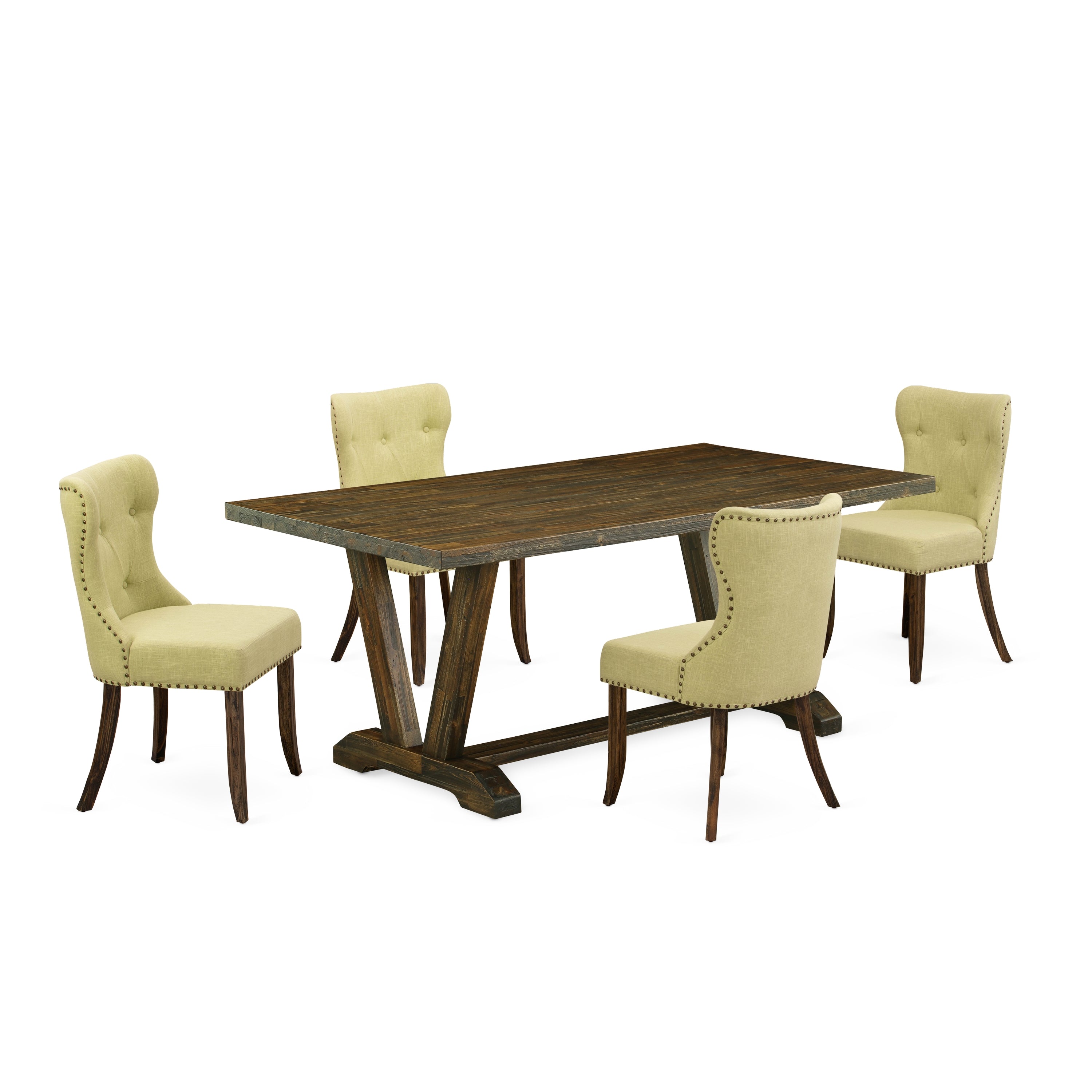 Juego de mesa y sillas de cocina de 5 piezas East West Furniture V777SI737-5. Incluye una mesa de comedor rectangular con patas en V y 4 sillas Parson de tela de lino Limelight.