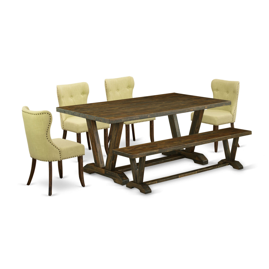 East West Furniture V777SI737-6 6-Pc Dining Table Set- 4 Limelight Linen Fabric Parson Chairs with Button Tufted Back - A Dining Table and 1 Indoor Bench (Distressed Jacobean Finish)
