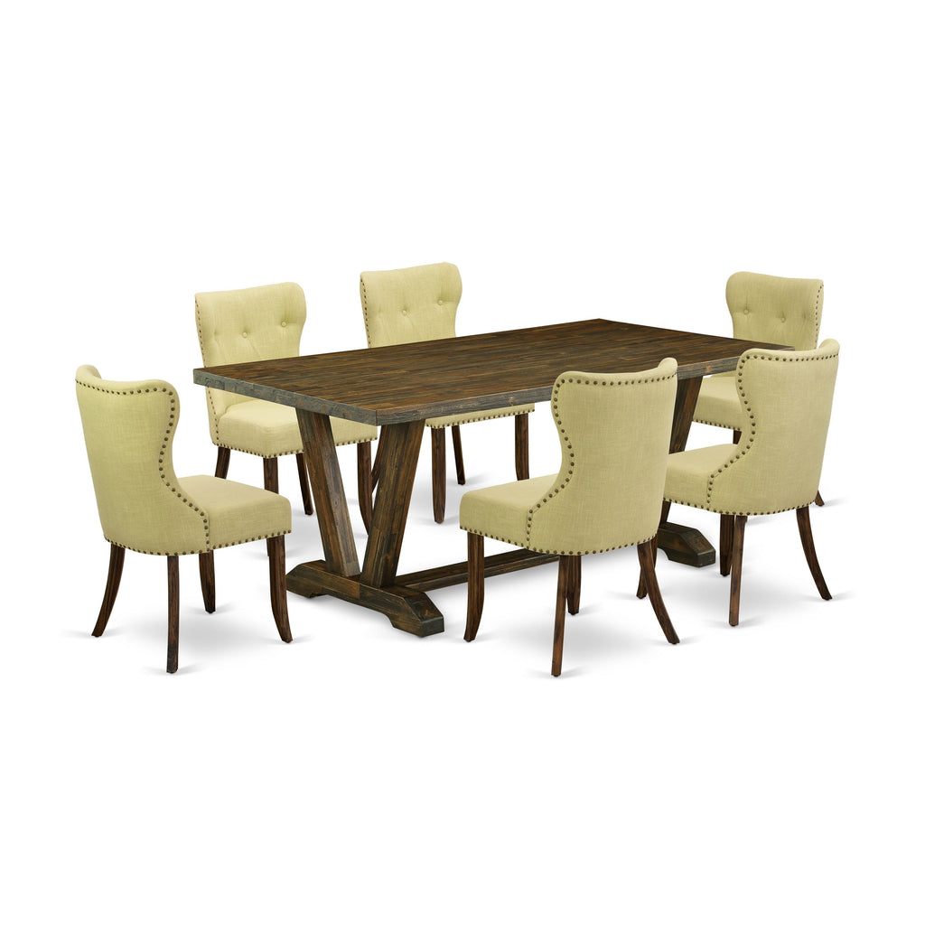 East West Furniture 7-Pc Kitchen Dining Room Set- 6 dining room chairs with Limelight Linen Fabric Seat and Button Tufted Chair Back - Rectangular Table top & Wooden Legs (Distressed Jacobean Finish)