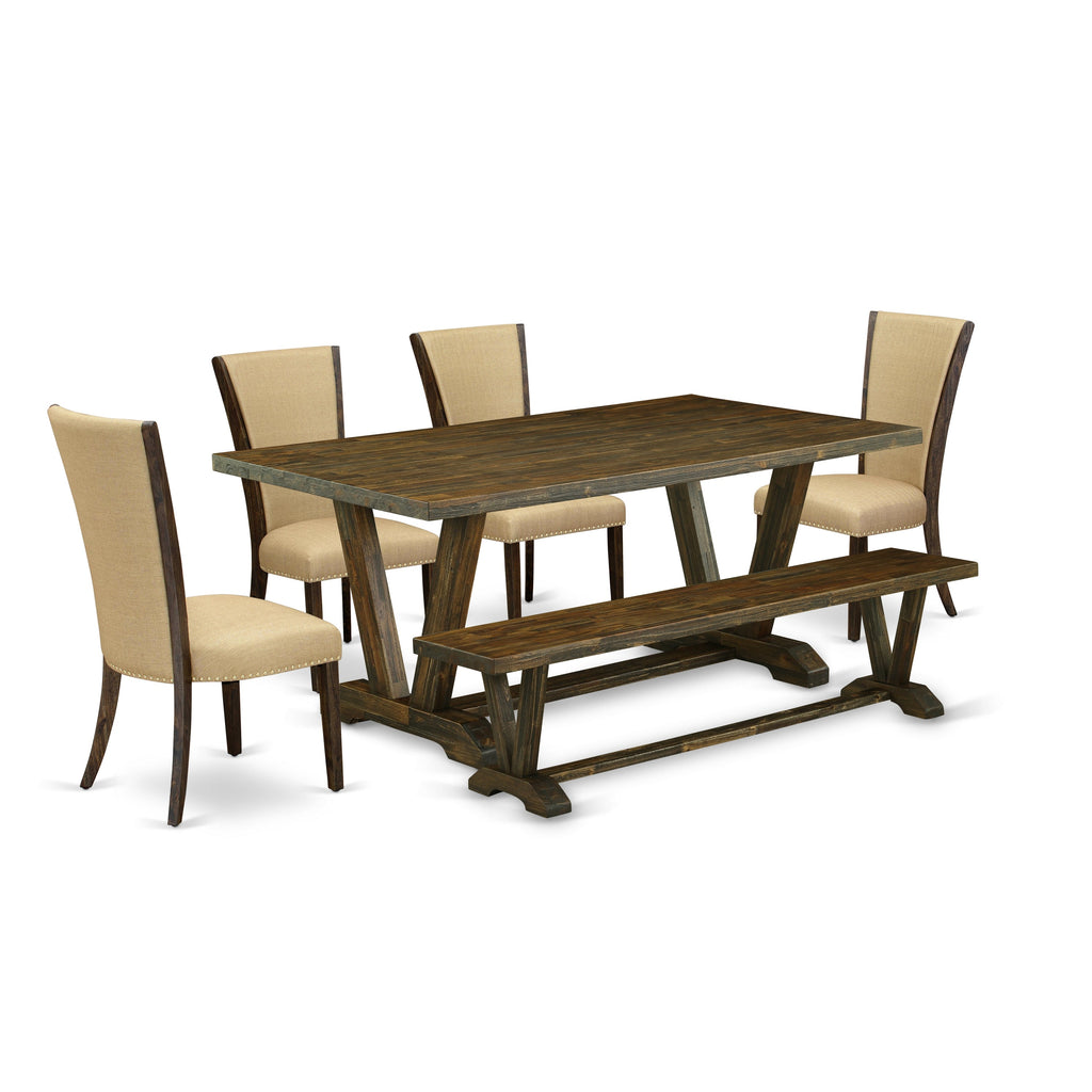 Juego de comedor de 6 piezas East West Furniture V777VE703-6. Contiene una mesa de comedor rectangular con patas en V y 4 sillas Parson de tela de lino marrón con un banco.