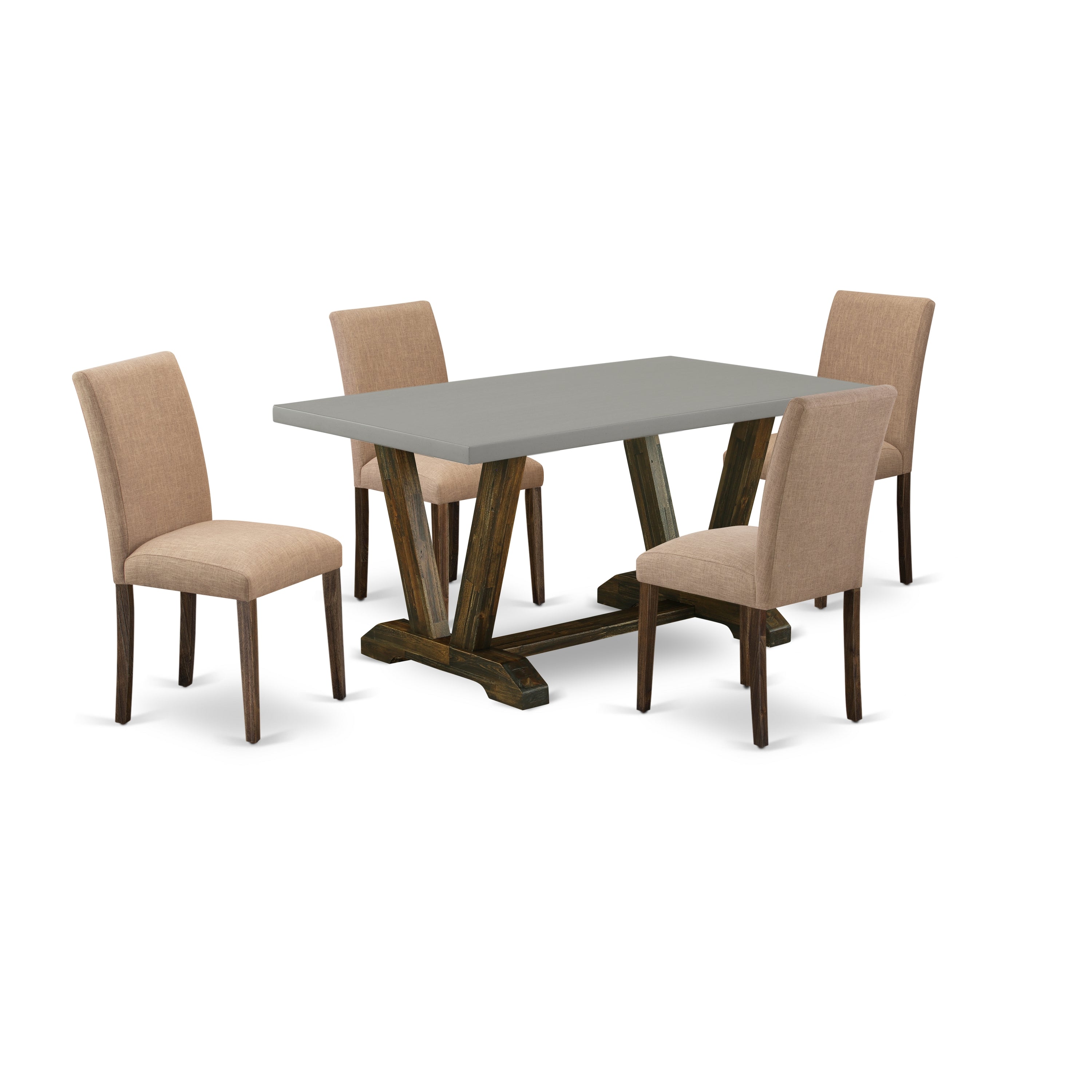 El juego de comedor de 5 piezas East West Furniture V796AB747-5 incluye una mesa de comedor rectangular con patas en V y 4 sillas Parson tapizadas en tela de lino color sable claro.