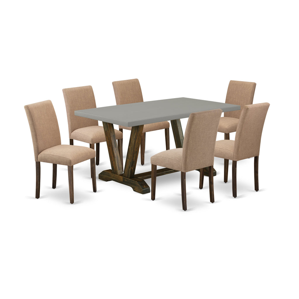 East West Furniture V796AB747-7 7 Piece Kitchen Table Set Consist of a Rectangle Dining Table with V-Legs and 6 Light Sable Linen Fabric Parson Dining Chairs