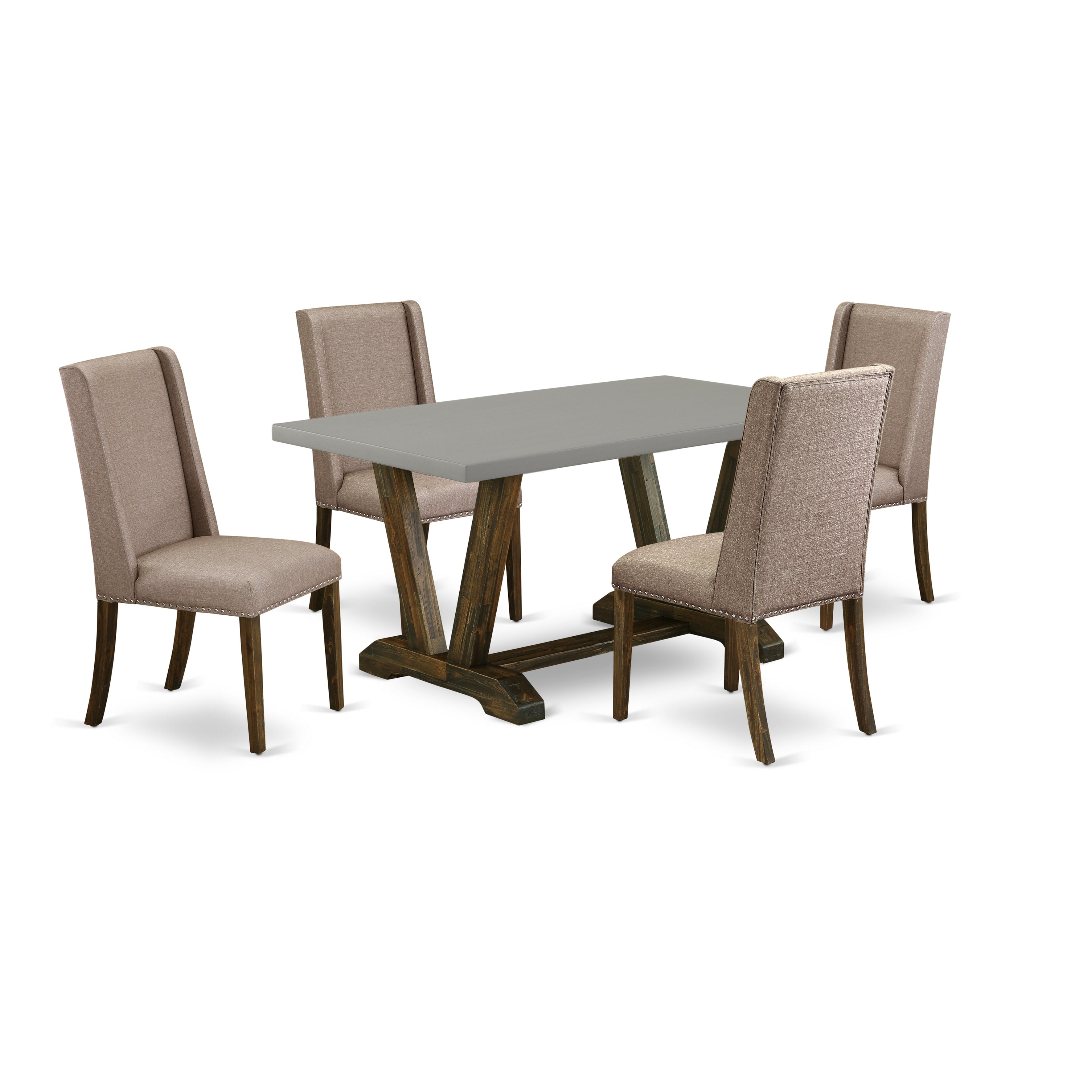 El juego de comedor de 5 piezas East West Furniture V796FL716-5 incluye una mesa de comedor rectangular con patas en V y 4 sillas Parson tapizadas en tela de lino color caqui oscuro.