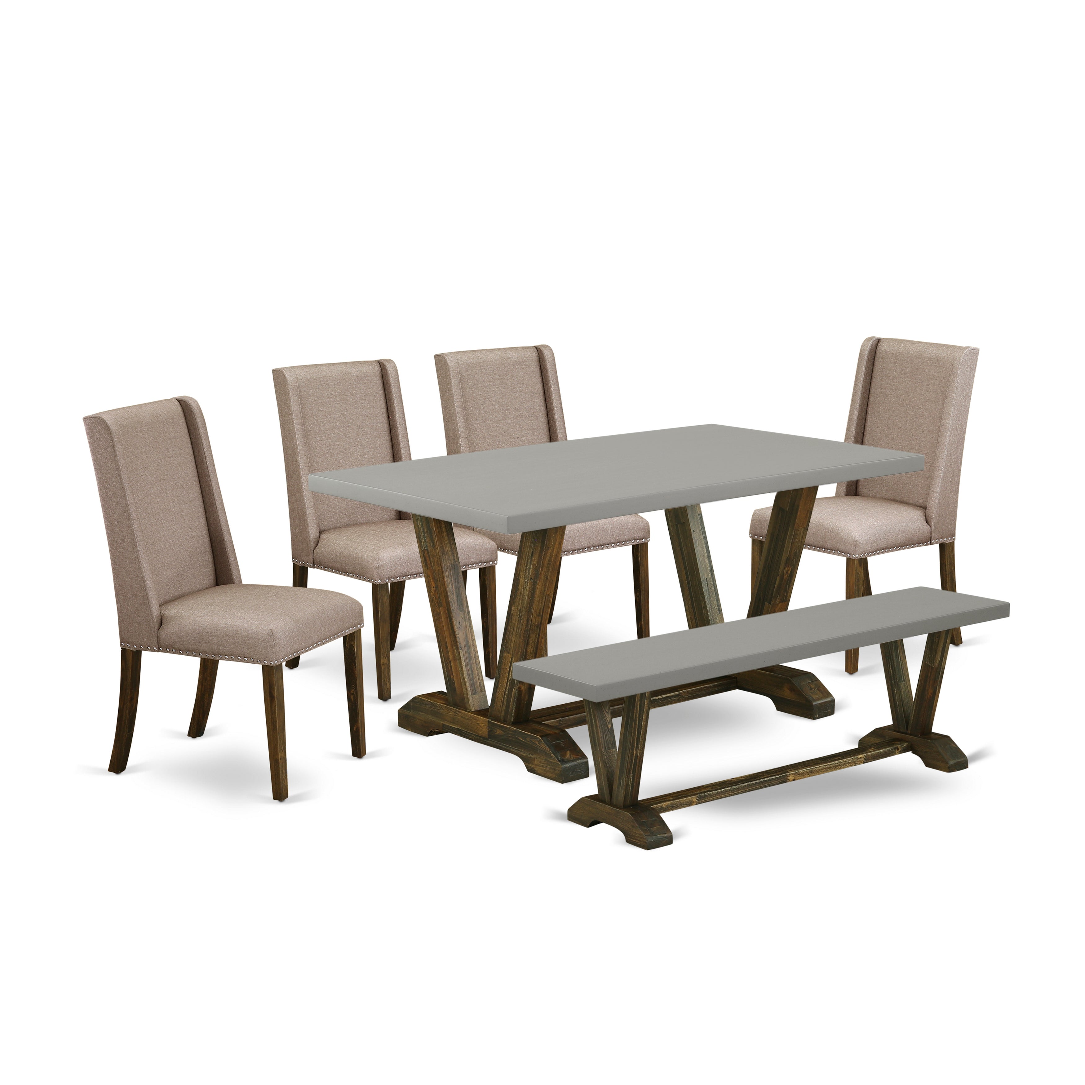 Juego de comedor de 6 piezas East West Furniture V796FL716-6. Contiene una mesa de comedor rectangular con patas en V y 4 sillas Parson de tela de lino color caqui oscuro con un banco.