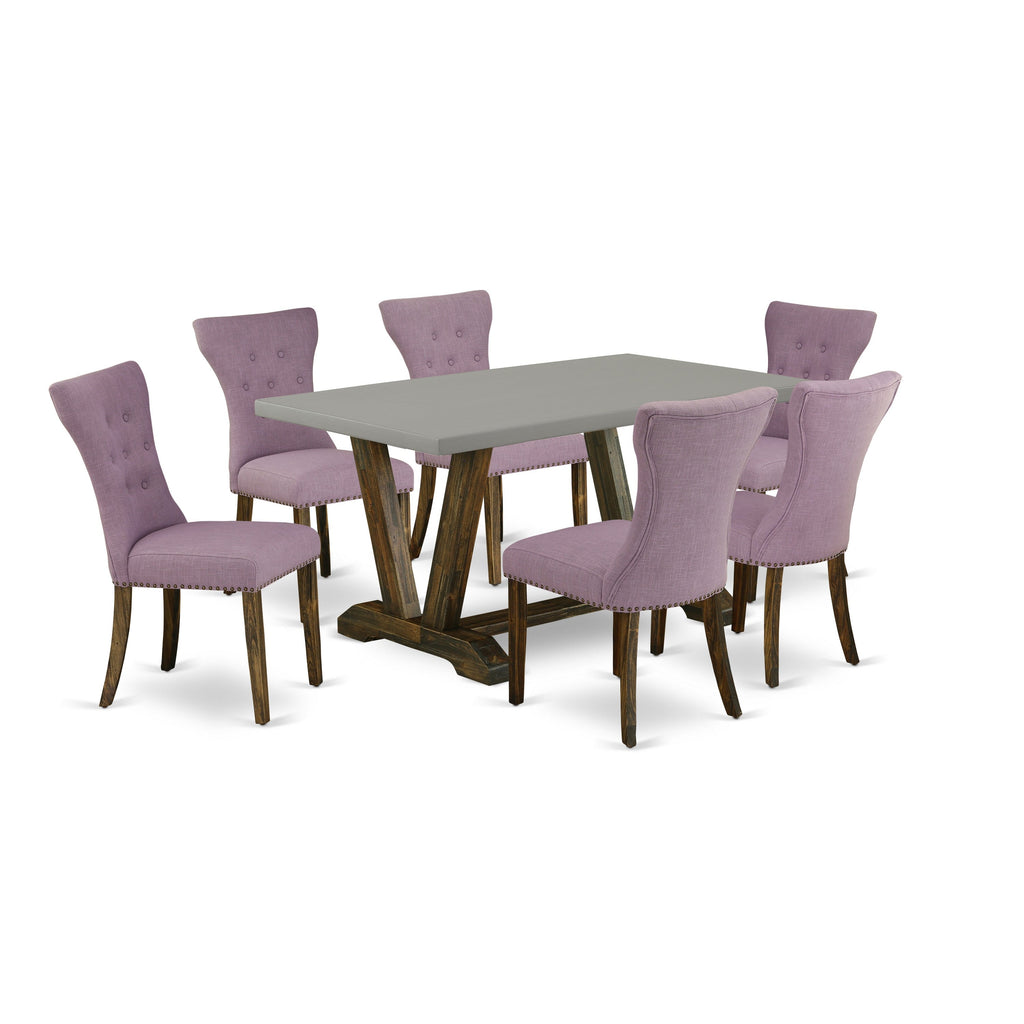 East West Furniture V796GA740-7 7-Piece Rectangular Dinette Set a beautiful Cement Color Modern Dining Table and 6 Beautiful Parson chairs with Nail Heads and Button Tufted, Distressed Jacobean Finish