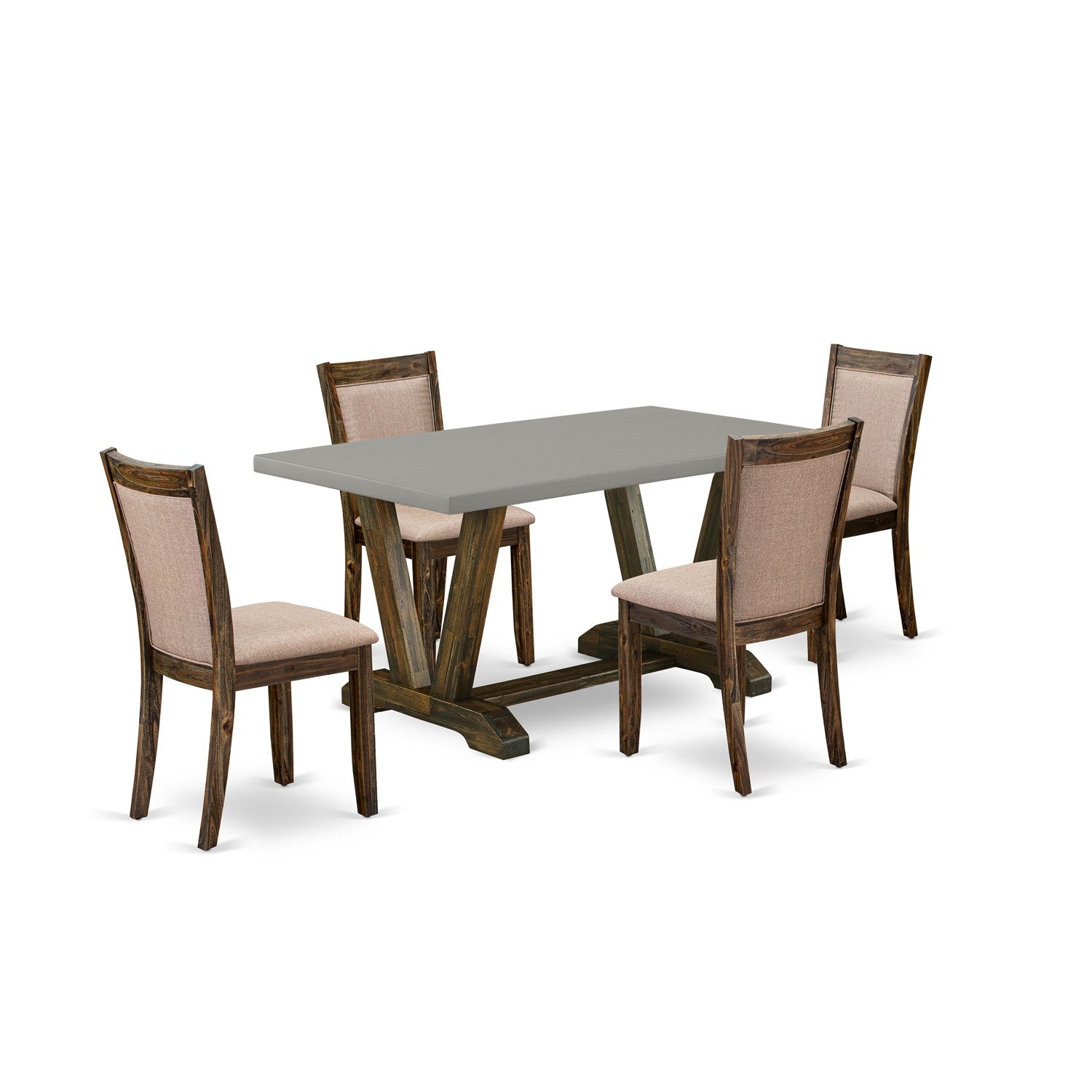 East West Furniture V796MZ716-5 5 Piece Modern Rustic Dining Table Set - A Cement Top Dinning Table with Trestle Base and 4 Dark Khaki Linen Fabric Kitchen Chairs - Distressed Jacobean Finish