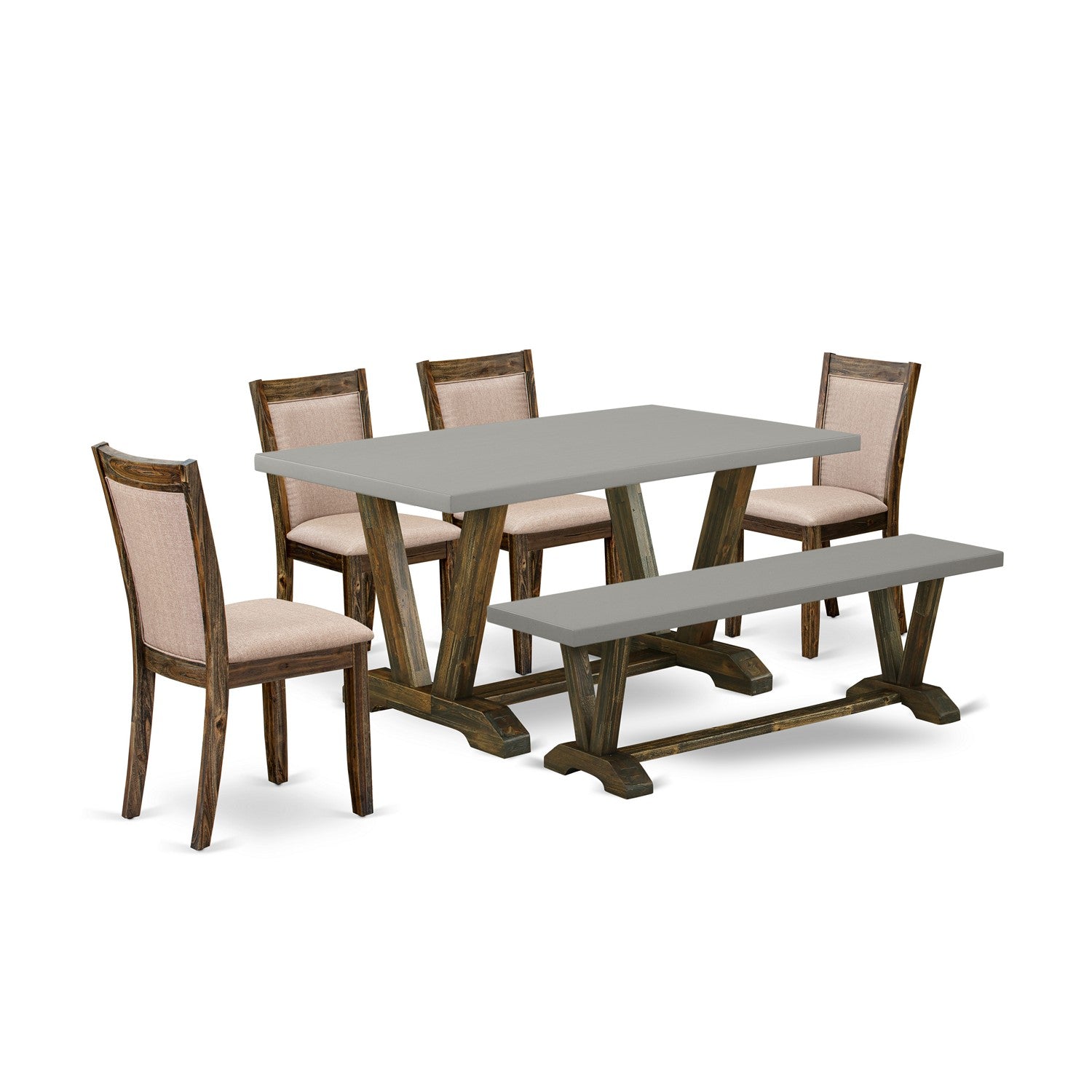East West Furniture V796MZ716-6 6 Piece Dining Set- A Cement Top Mid Century Dining Table in Trestle Base with Dining Bench and 4 Dark Khaki Linen Fabric Kitchen Chairs - Distressed Jacobean Finish