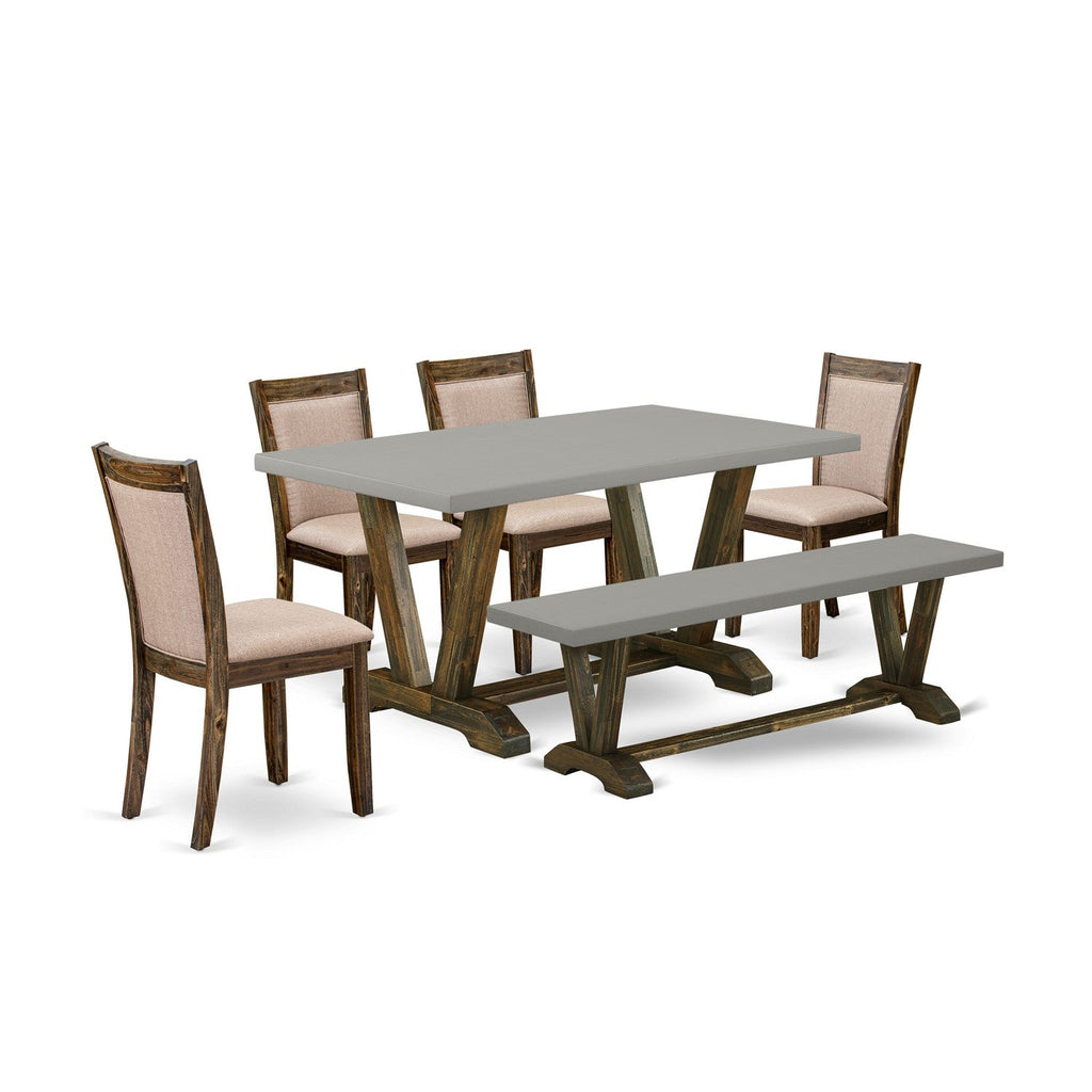 Juego de comedor de 6 piezas East West Furniture V796MZ716-6 que incluye una mesa de comedor rectangular con patas en V y 4 sillas tapizadas en tela de lino color caqui oscuro con un banco.