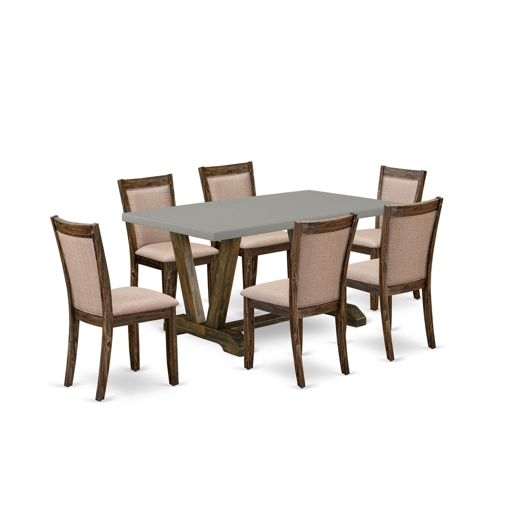 Juego de mesa y sillas de cocina East West Furniture V796MZ716-7 de 7 piezas. Incluye una mesa de comedor rectangular con patas en V y 6 sillas Parsons de tela de lino color caqui oscuro.