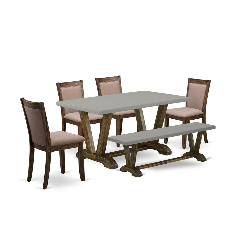Juego de mesa de comedor de 6 piezas East West Furniture V796MZ748-6. Incluye una mesa de cocina rectangular con patas en V y 4 sillas Parson de tela de lino color café con un banco.