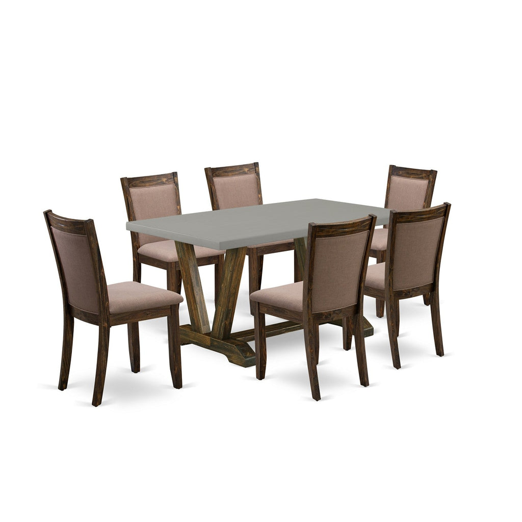 East West Furniture V796MZ748-7 7 Piece Kitchen Table Set Consist of a Rectangle Dining Table with V-Legs and 6 Coffee Linen Fabric Parsons Dining Chairs, 36x60 Inch, Multi-Color