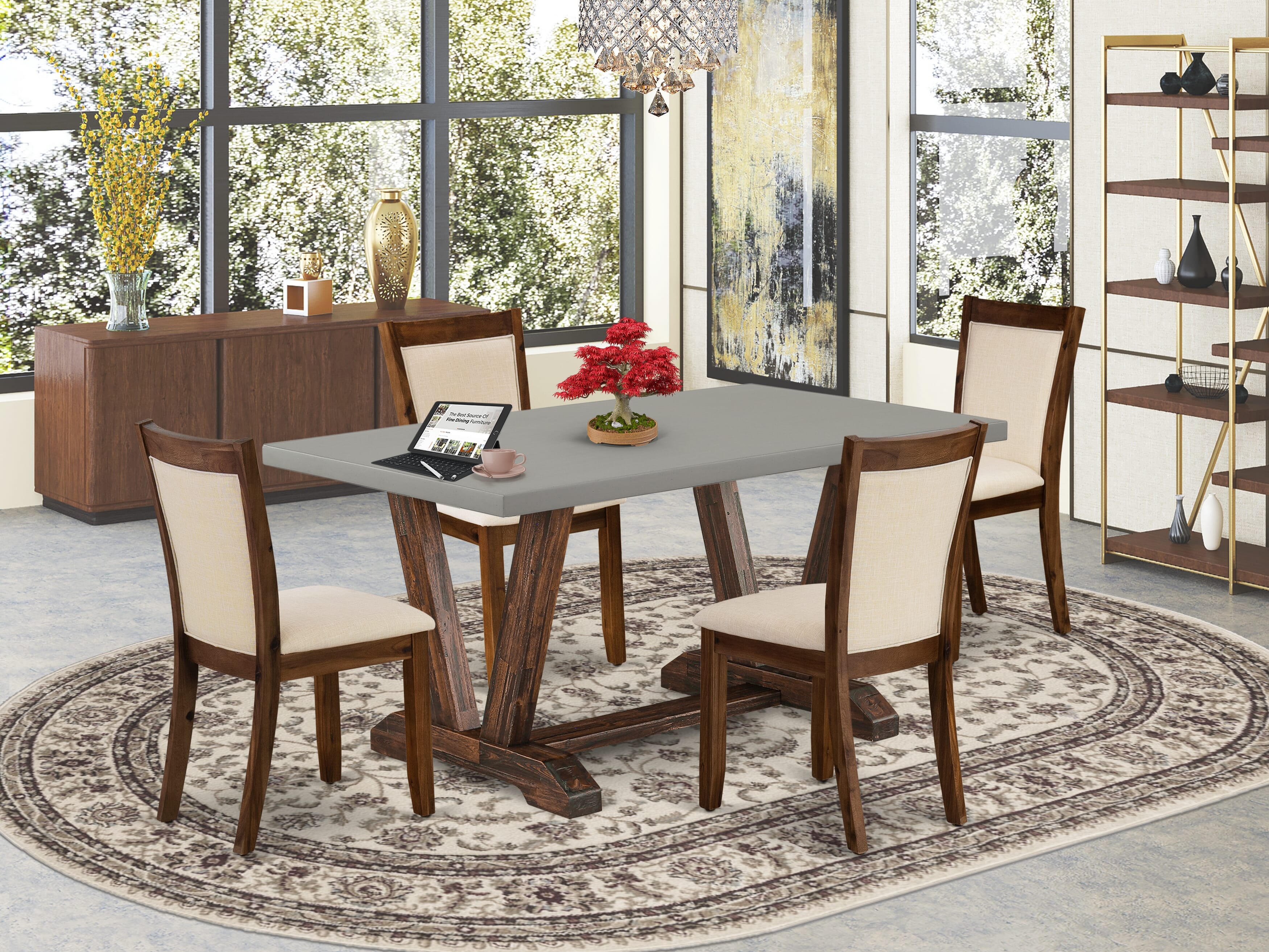 East West Furniture V796MZN32-5 5-Pc Modern Dining Set Consists of a Mid Century Table and 4 Light Beige Linen Fabric Parsons Chairs with Stylish Back - Distressed Jacobean Finish