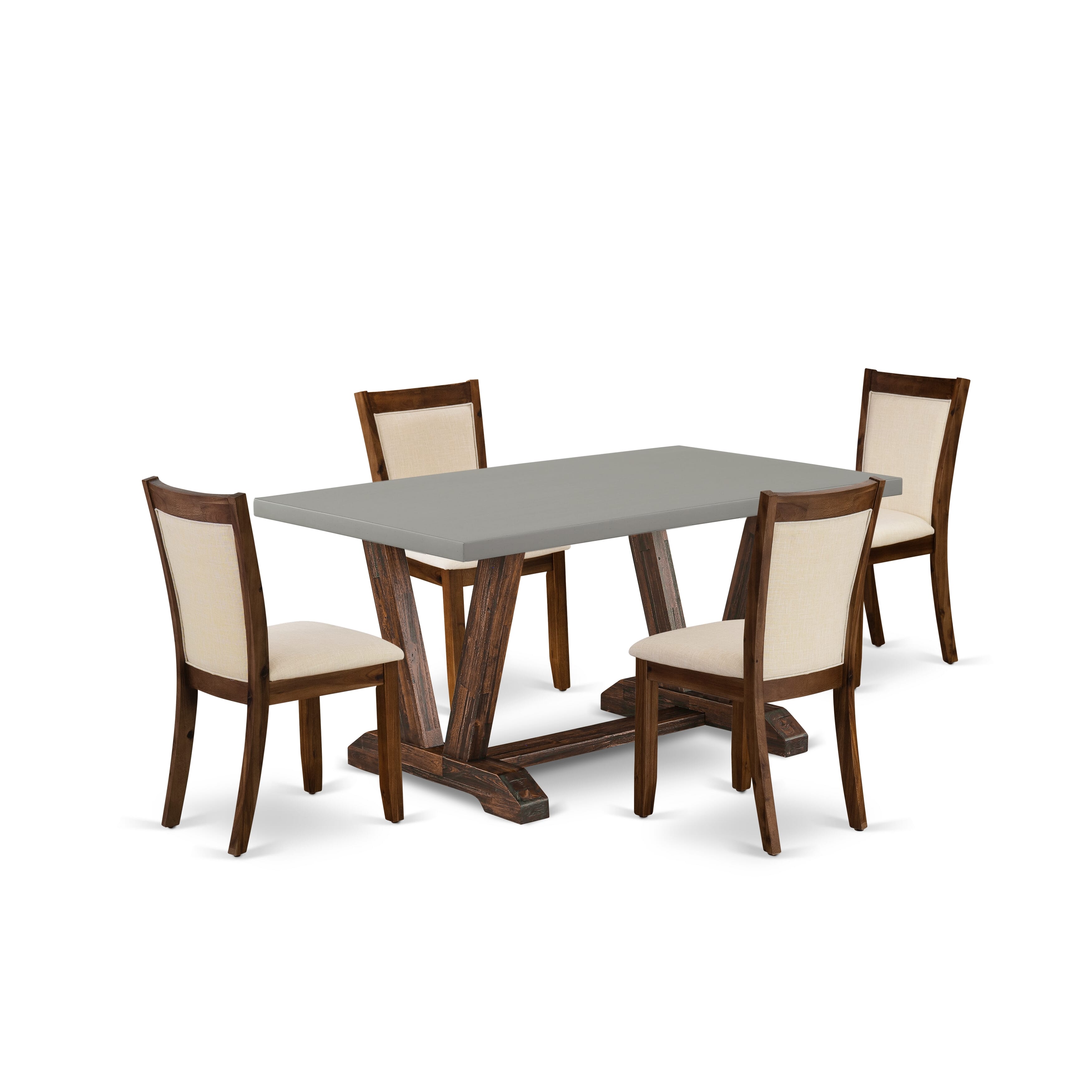East West Furniture V796MZN32-5 5-Pc Modern Dining Set Consists of a Mid Century Table and 4 Light Beige Linen Fabric Parsons Chairs with Stylish Back - Distressed Jacobean Finish