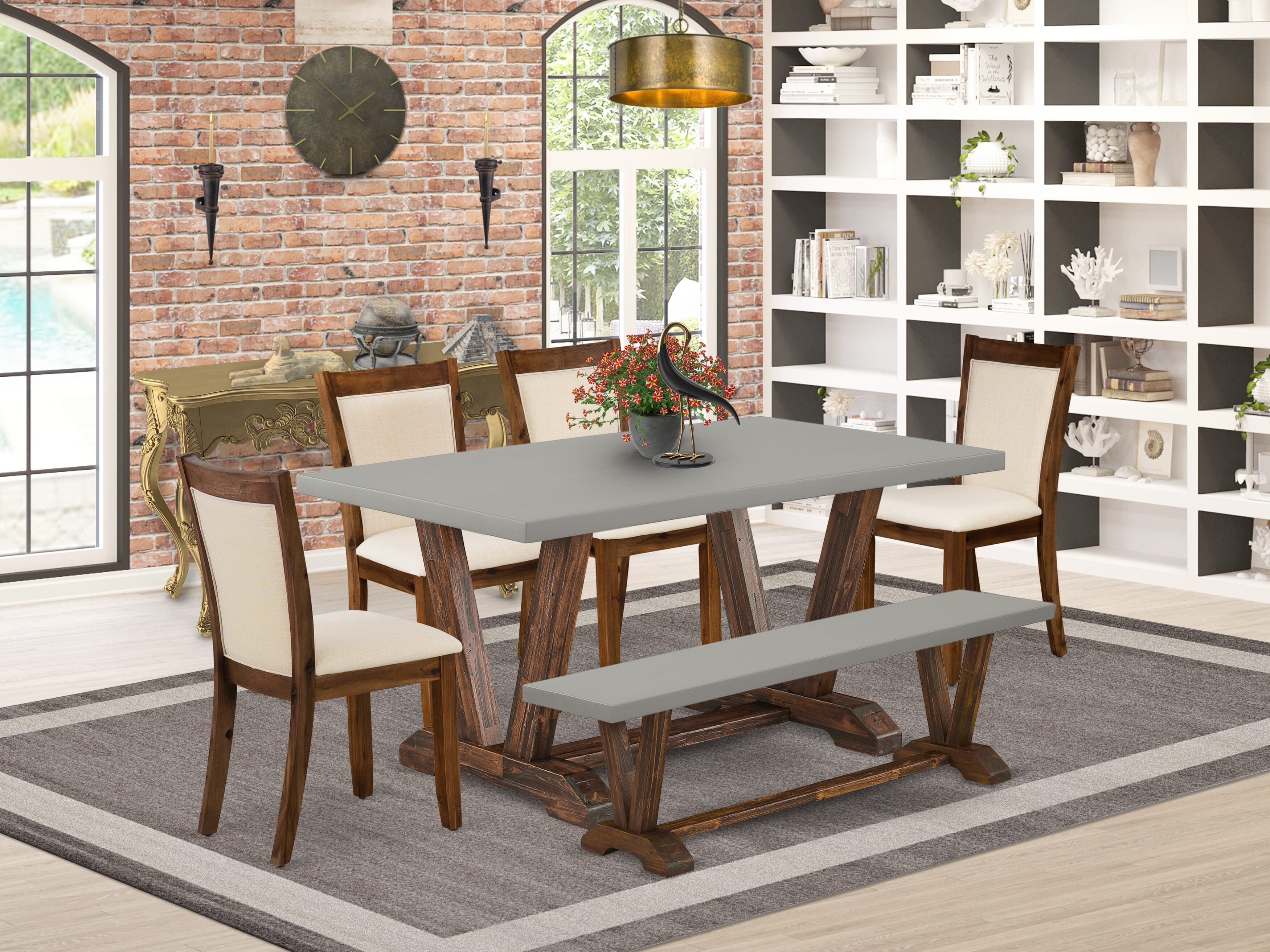 East West Furniture V796MZN32-6 6-Piece Dining Room Set Contains a Dinning Table and a Wooden Bench with 4 Light Beige Linen Fabric Parson Dining Chairs with Stylish Back - Distressed Jacobean Finish