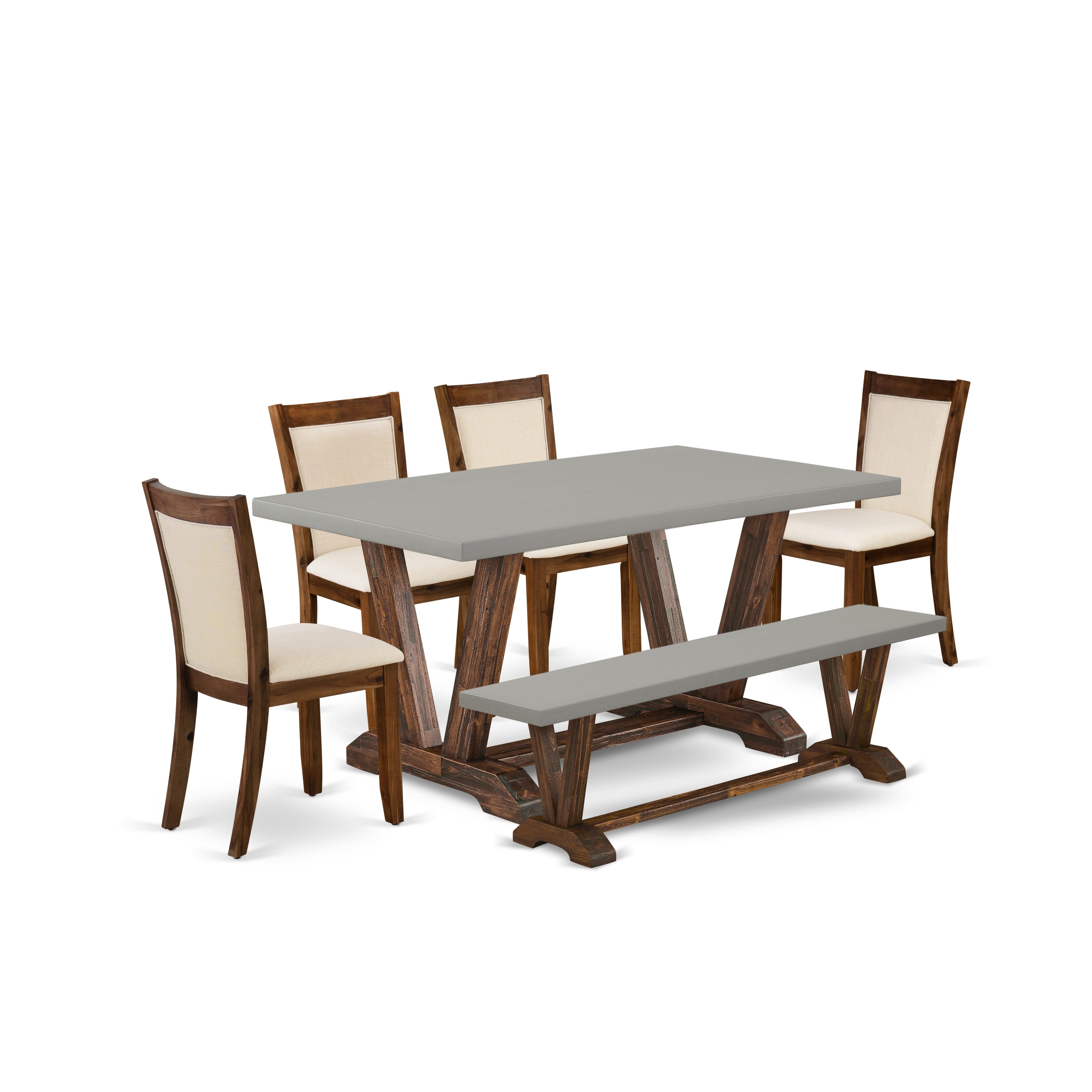 East West Furniture V796MZN32-6 6-Piece Dining Room Set Contains a Dinning Table and a Wooden Bench with 4 Light Beige Linen Fabric Parson Dining Chairs with Stylish Back - Distressed Jacobean Finish