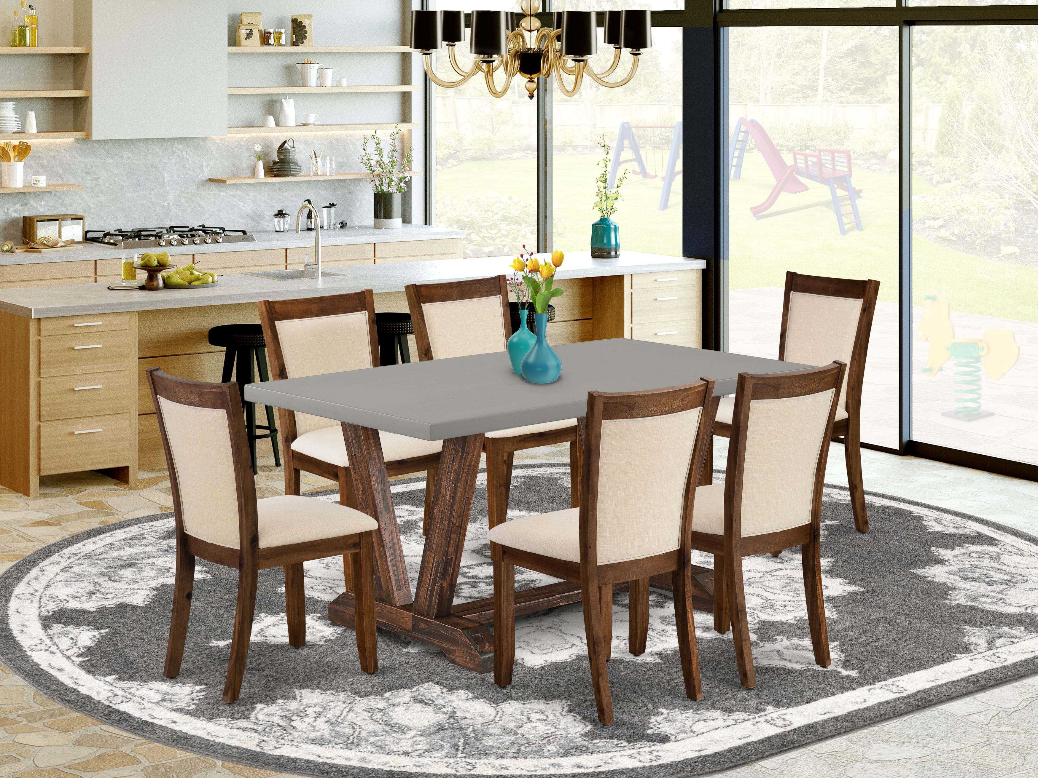 East West Furniture V796MZN32-7 7-Pc Dinette Set Includes a Wooden Kitchen Table and 6 Light Beige Linen Fabric Modern Dining Chairs with Stylish Back - Distressed Jacobean Finish
