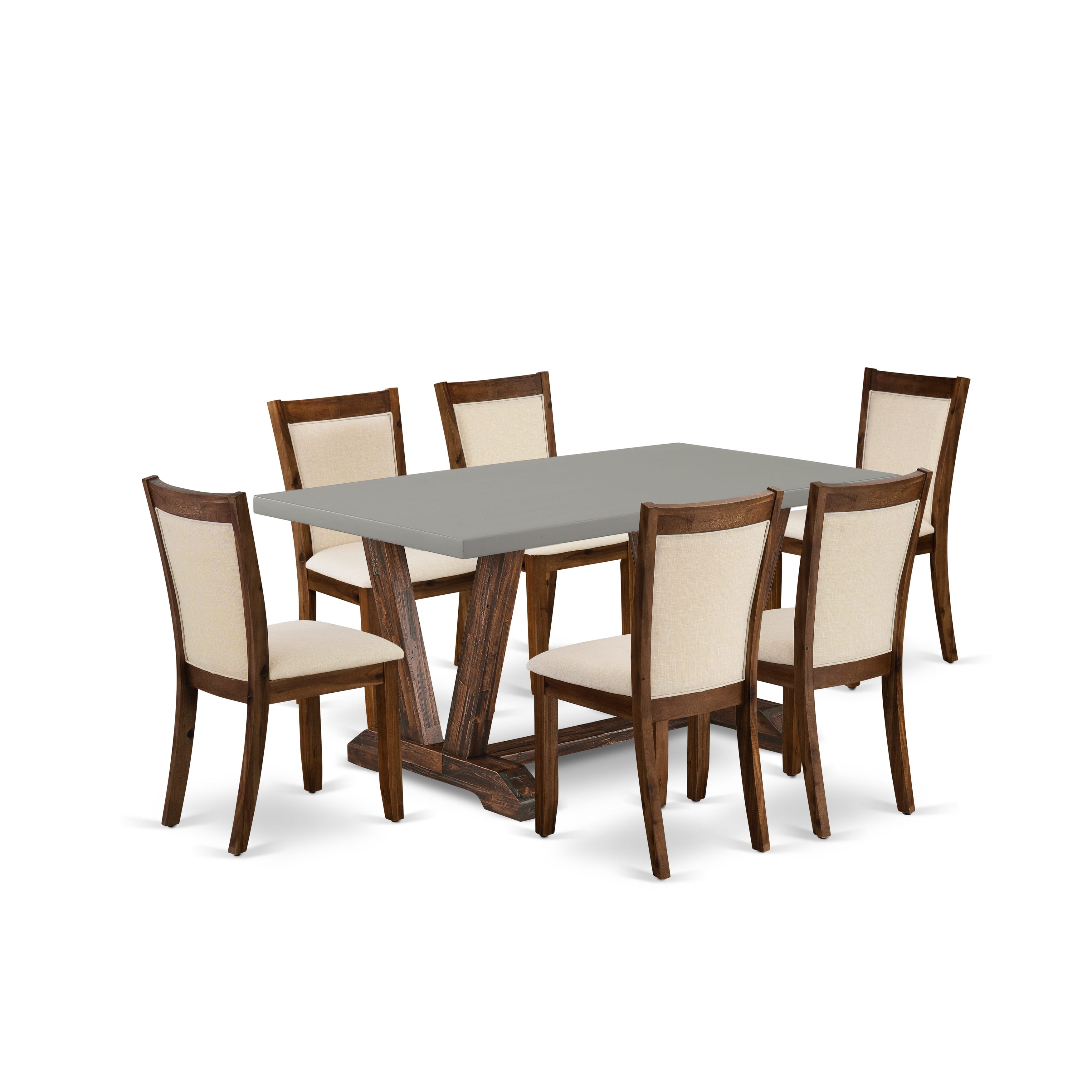 East West Furniture V796MZN32-7 7-Pc Dinette Set Includes a Wooden Kitchen Table and 6 Light Beige Linen Fabric Modern Dining Chairs with Stylish Back - Distressed Jacobean Finish
