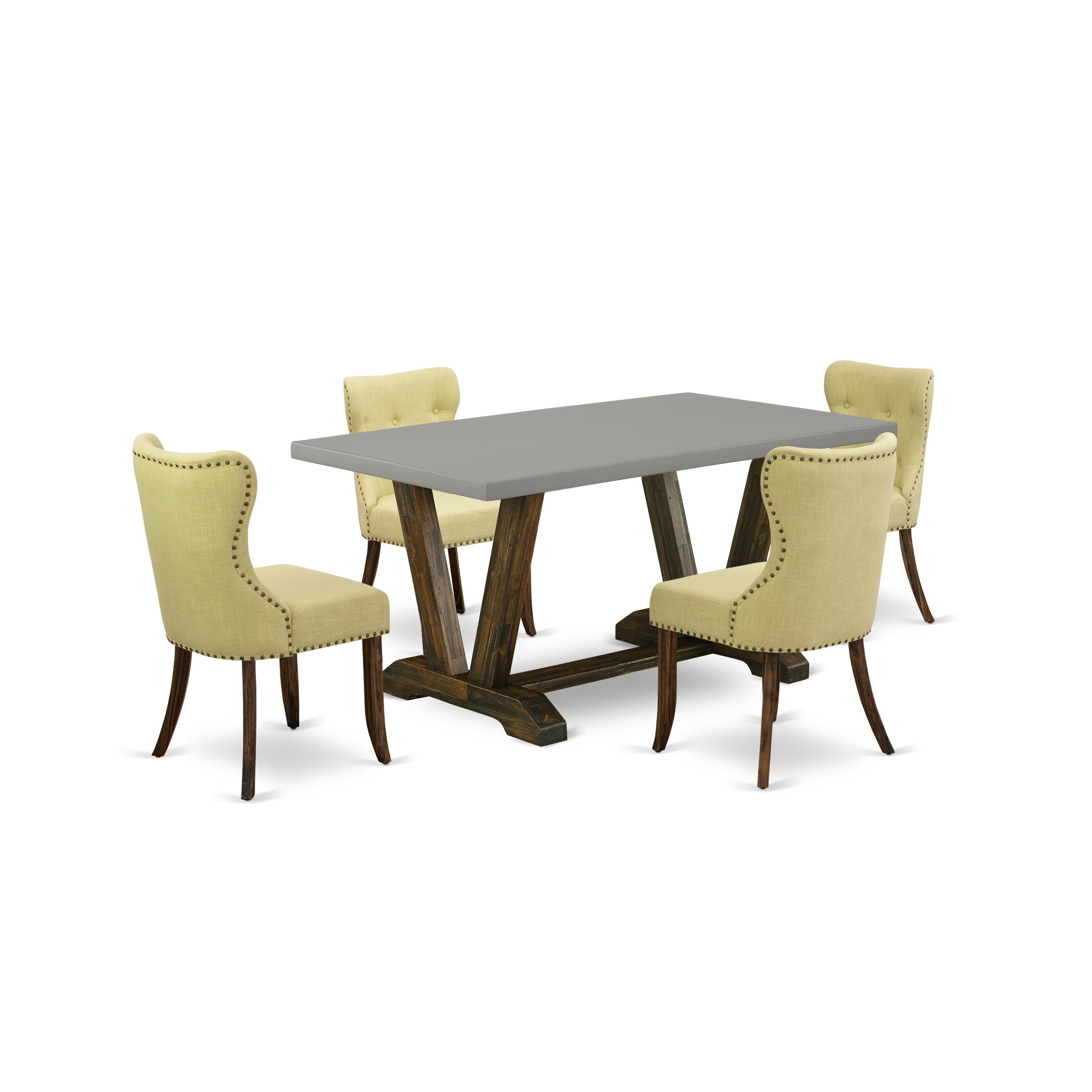 V796SI737-5 5-Pc Dinette Set with Limelight Linen Fabric Seat and Button Tufted Chair Back kitchen chairs and Kitchen Table - Cement and Finish