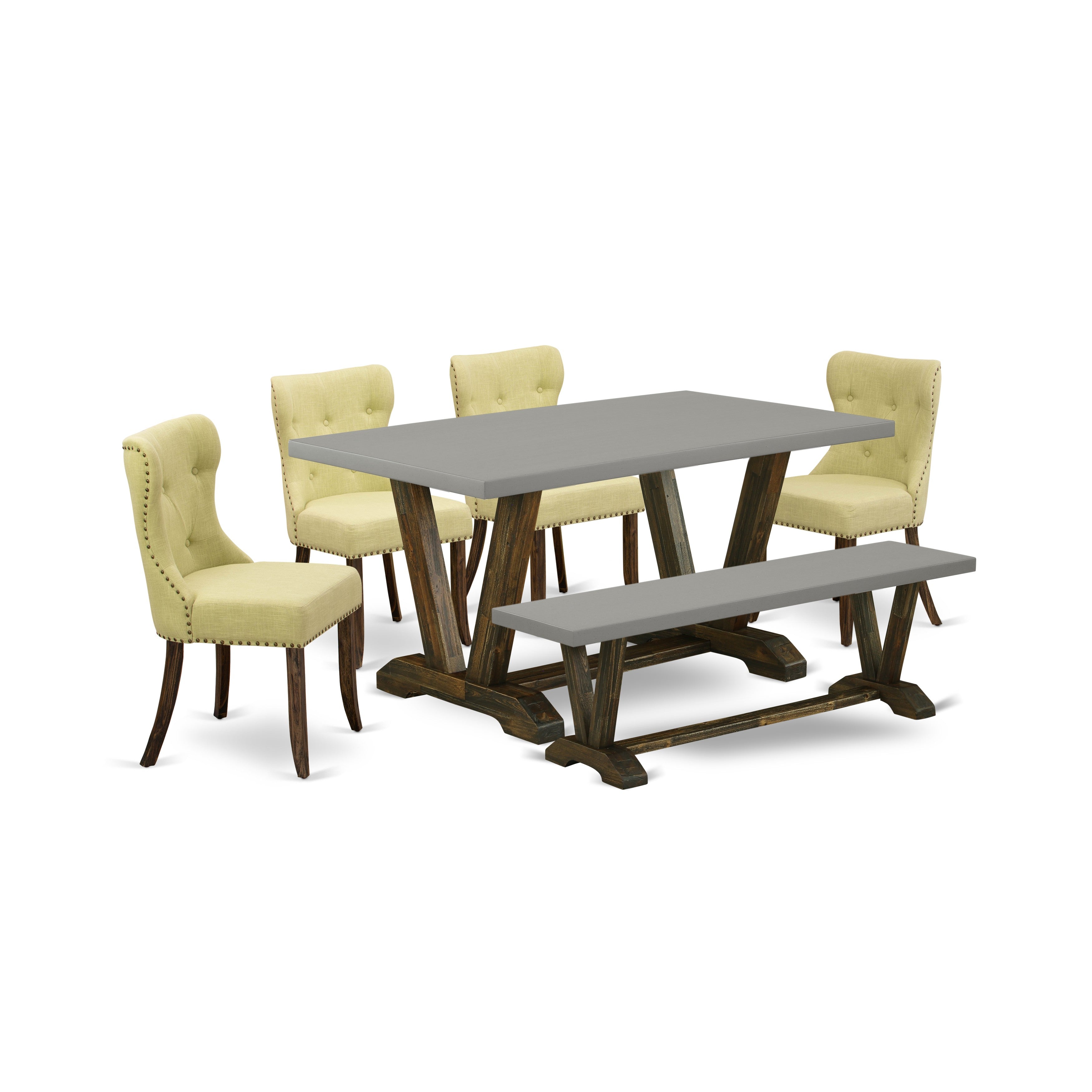 East West Furniture V796SI737-6 6-Piece Dining Table Set with Limelight Linen Fabric Seat - Button Tufted Chair Back Dining Chairs and Dining Bench - Rectangular Table - Cement Finish