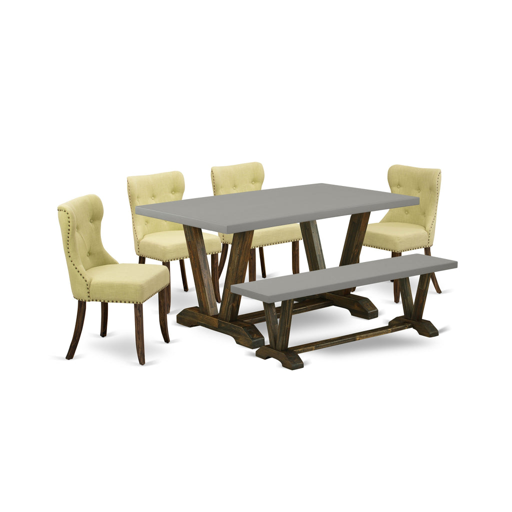 Juego de mesa de comedor de 6 piezas East West Furniture V796SI737-6 que incluye una mesa de cocina rectangular con patas en V y 4 sillas tapizadas en tela de lino Limelight con un banco.