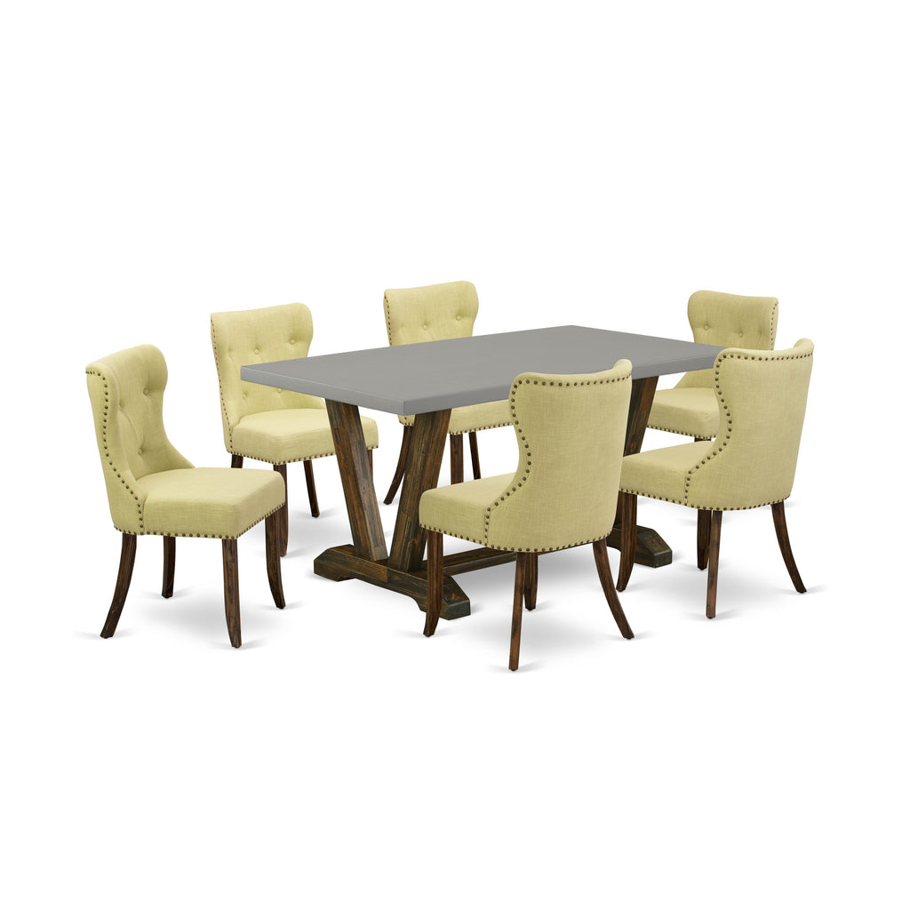Juego de mesa de comedor de 7 piezas East West Furniture V796SI737-7 compuesto por una mesa de comedor rectangular con patas en V y 6 sillas Parsons de tela de lino Limelight.