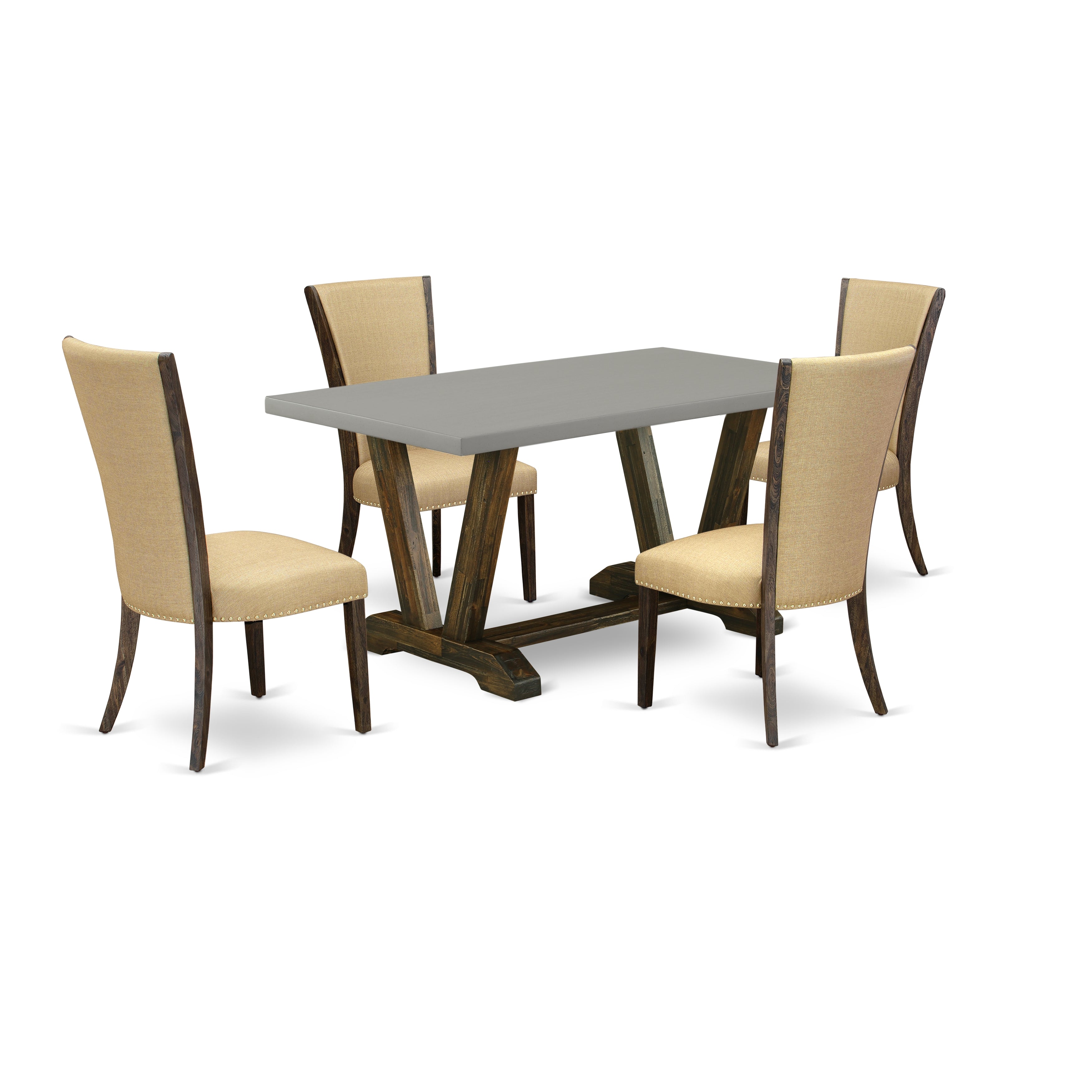 East West Furniture V796VE703-5 5Pc Dining Table set Contains a Dinette Table and 4 Parson Dining Chairs with Brown Color Linen Fabric, Medium Size Table with Full Back Chairs, Distressed Jacobean and Cement Finish