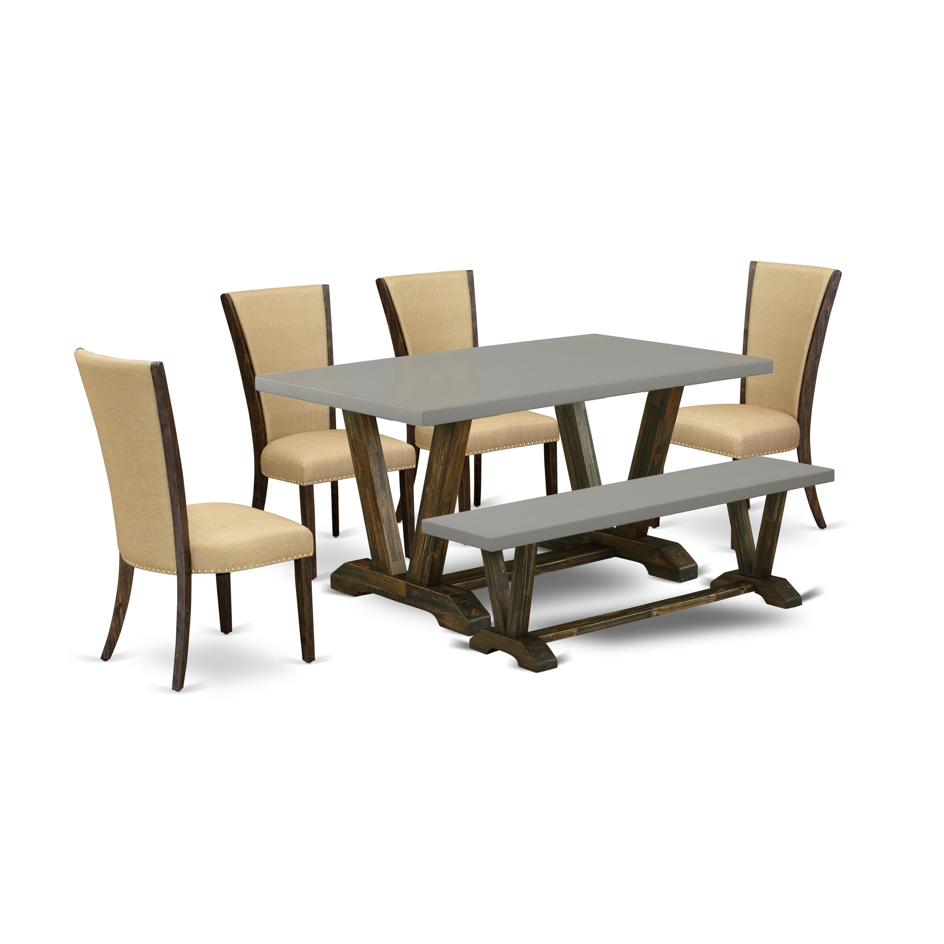 Juego de comedor de 6 piezas East West Furniture V796VE703-6. Contiene una mesa de comedor rectangular con patas en V y 4 sillas Parson de tela de lino marrón con un banco.