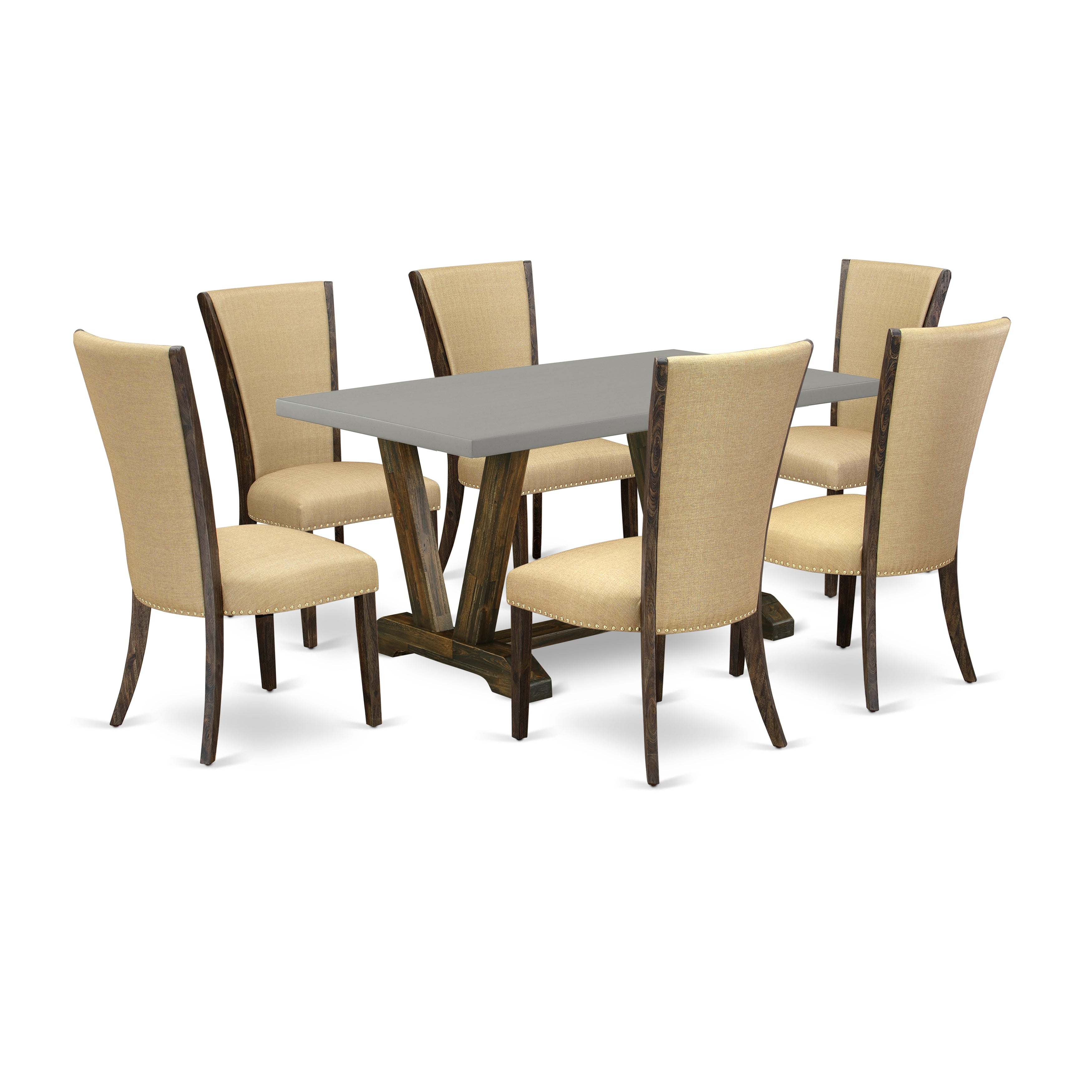 Juego de mesa de comedor East West Furniture V796VE703-7 de 7 piezas. Incluye una mesa de cocina rectangular con patas en V y 6 sillas de comedor Parson de tela de lino marrón.