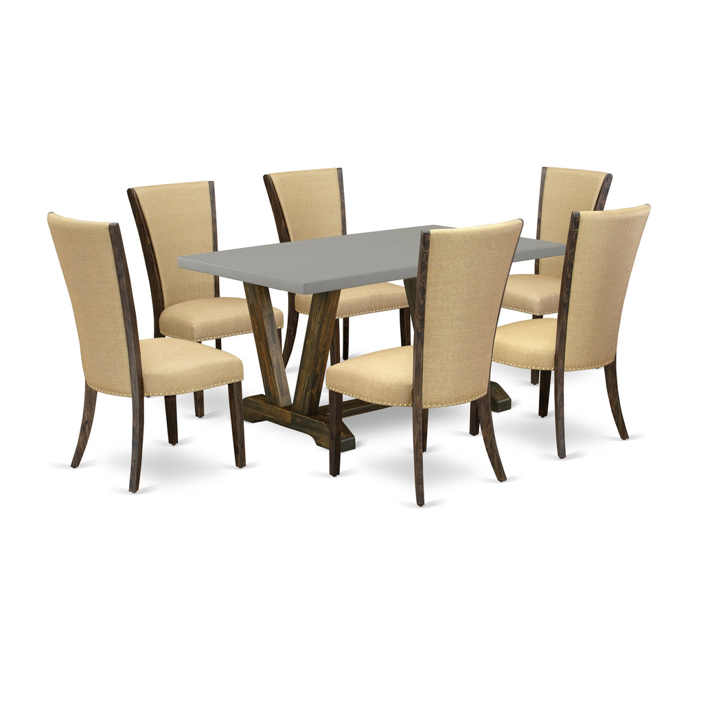 East West Furniture V796VE703-7 7 Piece Dining Room Table Set Consist of a Rectangle Kitchen Table with V-Legs and 6 Brown Linen Fabric Parson Dining Chairs