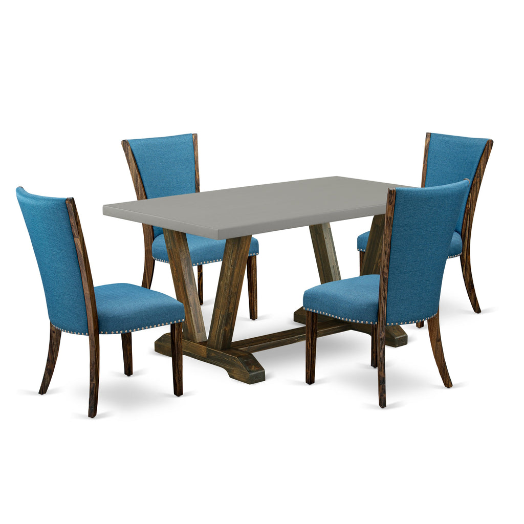 East West Furniture V796VE721-5 5 Piece Dinette Set for 4 Includes a Rectangle Dining Room Table with V-Legs and 4 Blue Color Linen Fabric Parson Dining Chairs