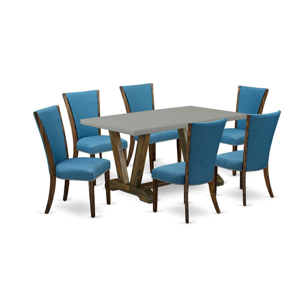 East West Furniture V796VE721-7 7 Piece Modern Dining Table Set Consist of a Rectangle Wooden Table with V-Legs and 6 Blue Color Linen Fabric Parson Chairs