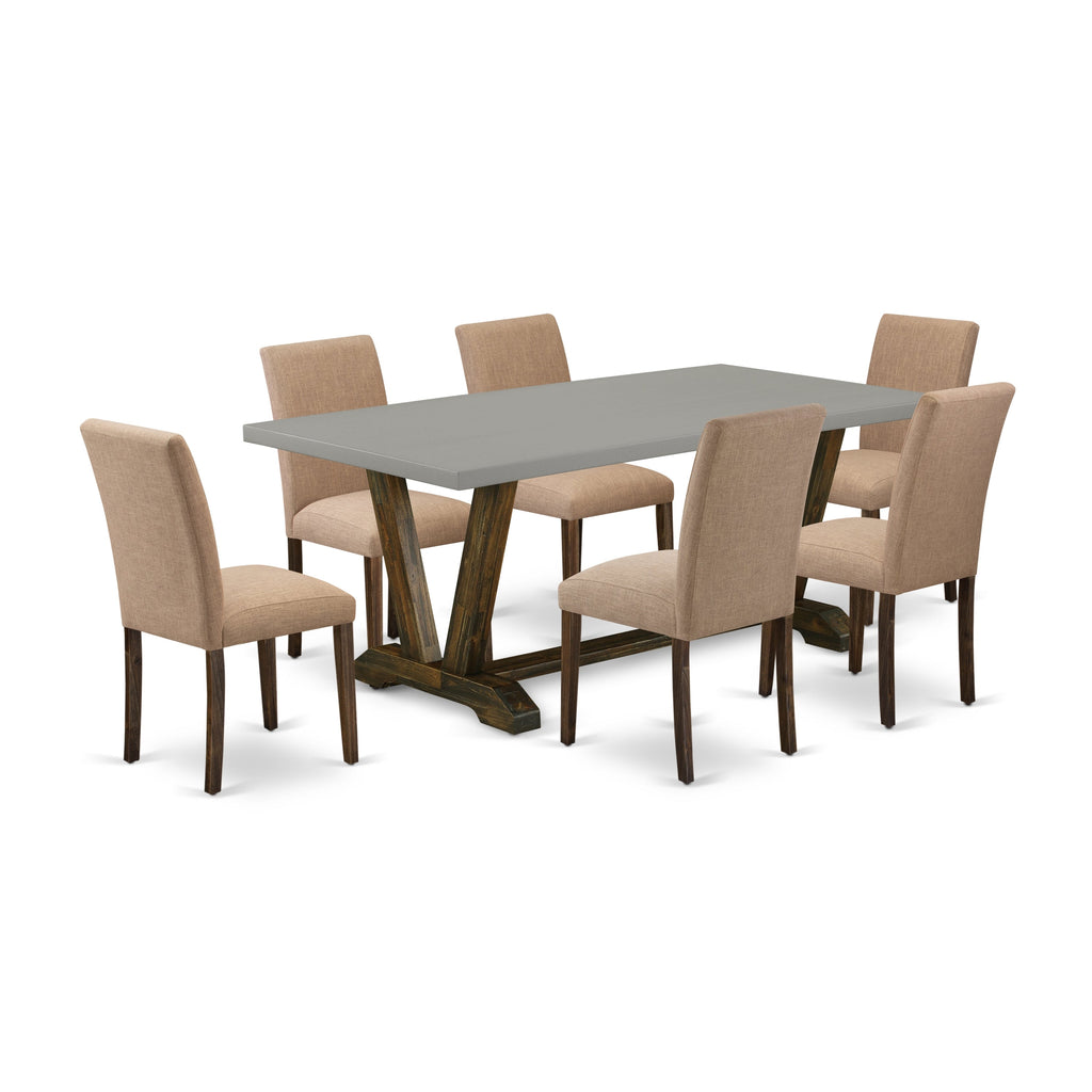 East West Furniture V797AB747-7 7 Piece Kitchen Table Set Consist of a Rectangle Dining Table with V-Legs and 6 Light Sable Linen Fabric Parson Dining Chairs