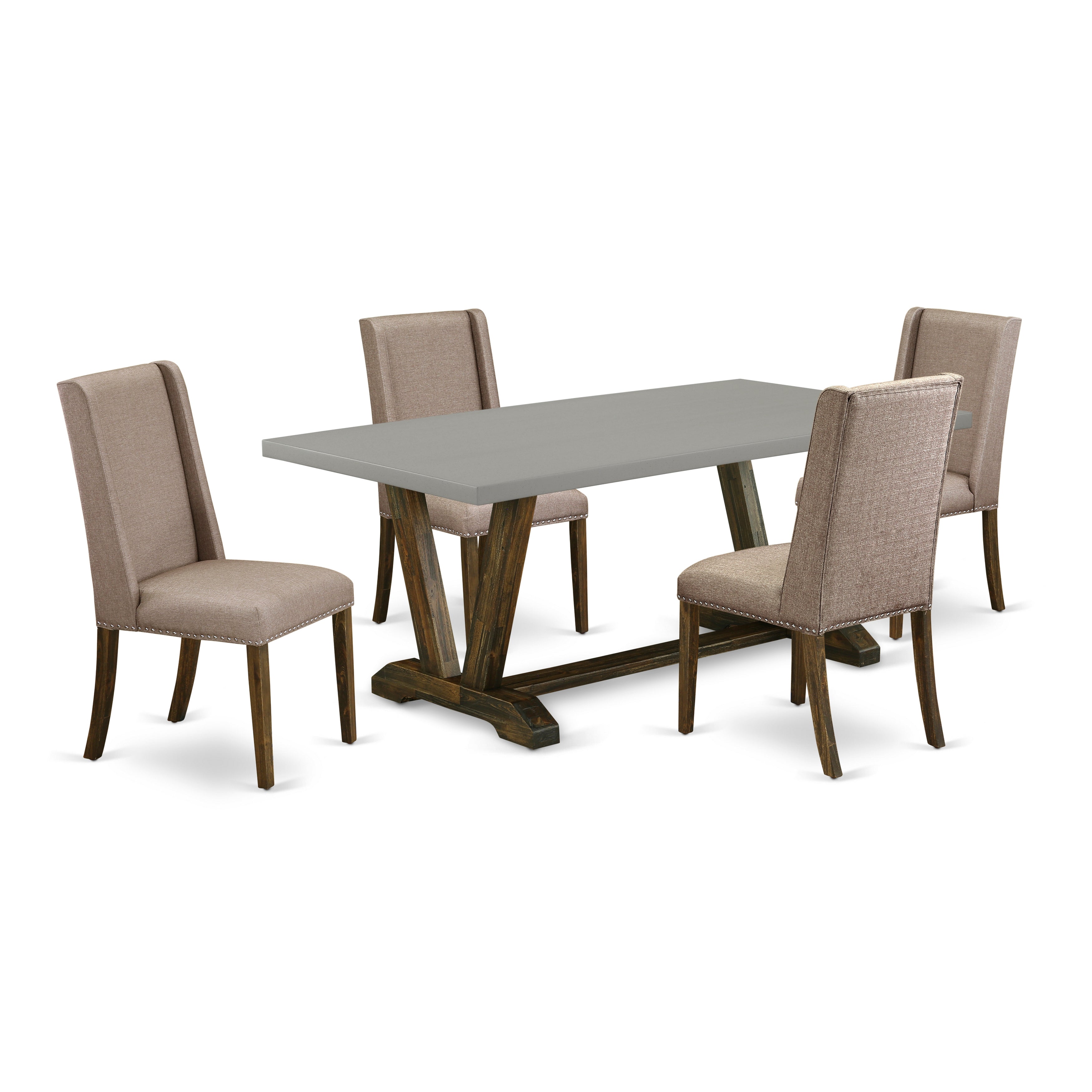Juego de mesa de comedor moderna de 5 piezas East West Furniture V797FL716-5. Incluye una mesa rectangular de madera con patas en V y 4 sillas de comedor Parson de tela de lino color caqui oscuro.