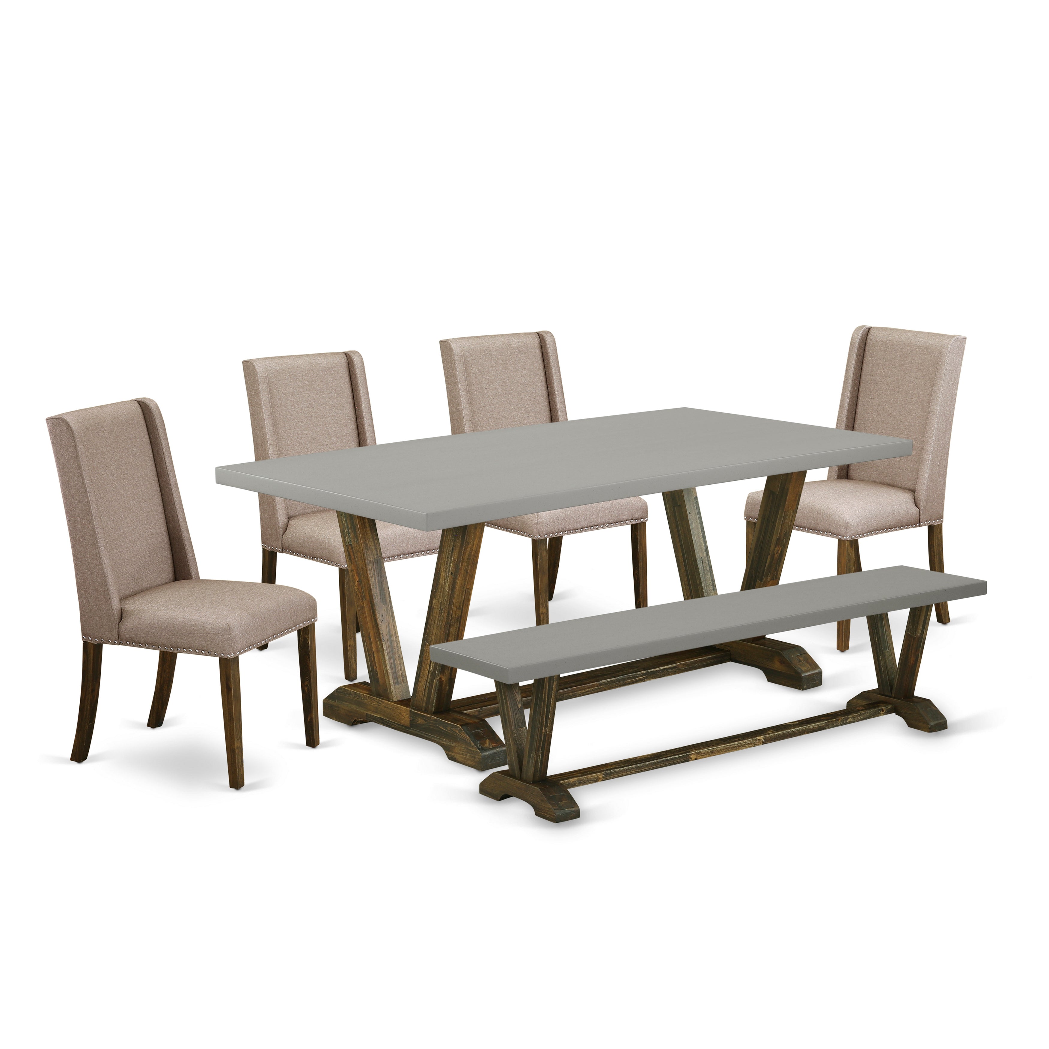 Juego de mesa de comedor de 6 piezas East West Furniture V797FL716-6. Contiene una mesa de comedor rectangular con patas en V y 4 sillas Parson de tela de lino color caqui oscuro con un banco.