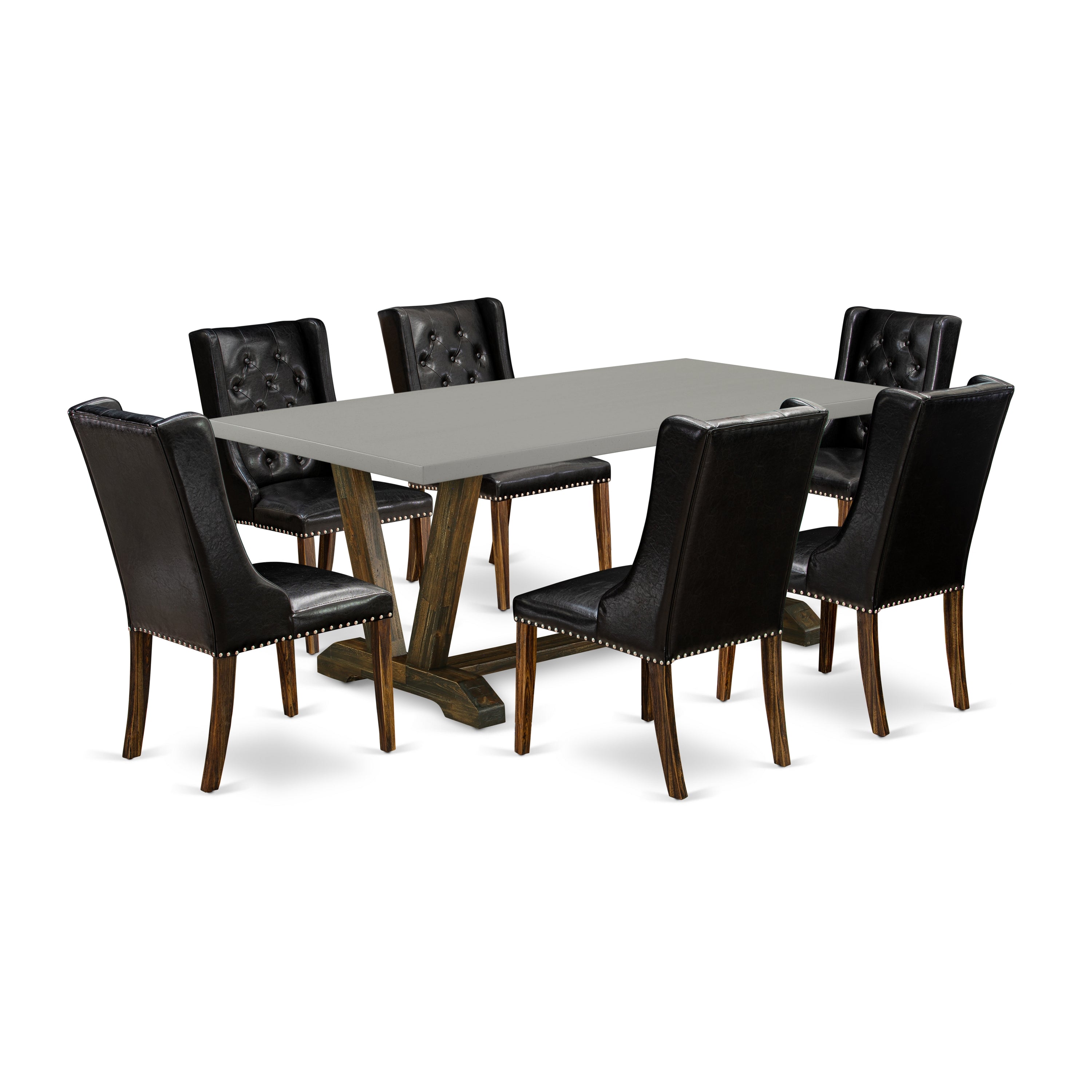 East West Furniture V797FO749-7 7 Piece Kitchen Table Set - 6 Black Pu faux Leather Parson Chairs Button Tufted with Nailheads and Wood Dining Table - Distressed Jacobean Finish