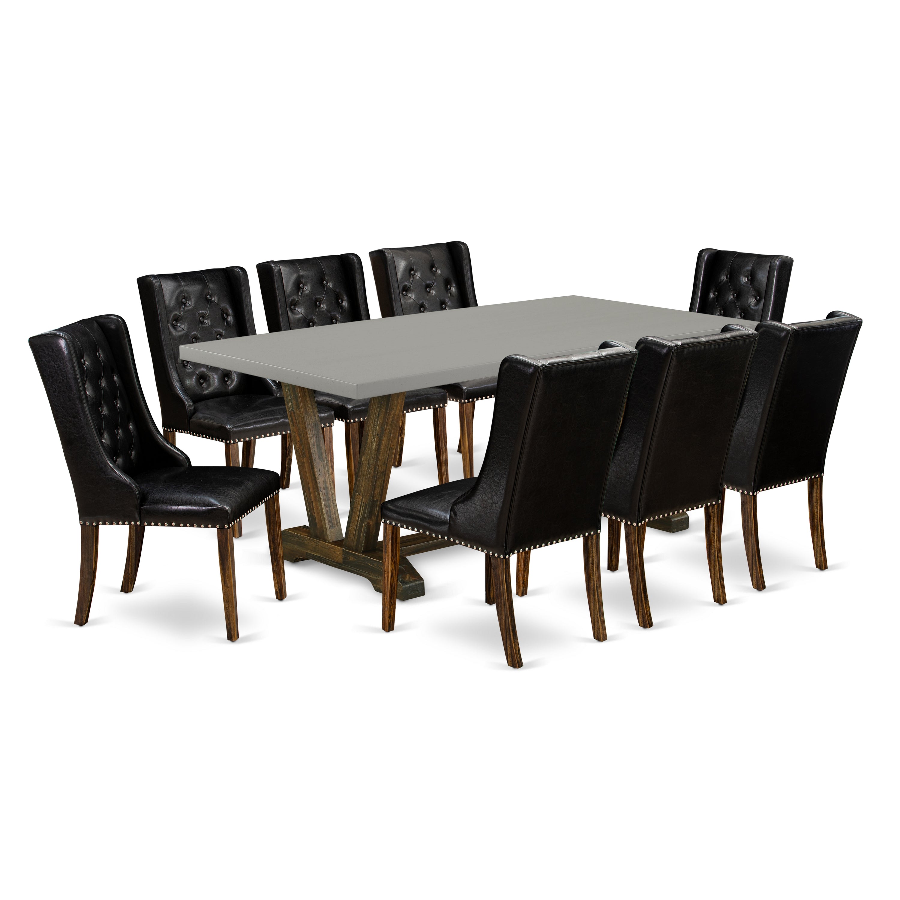 Juego de comedor de 9 piezas East West Furniture V797FO749-9. Incluye una mesa de cocina rectangular con patas en V y 8 sillas Parson tapizadas en piel sintética negra.