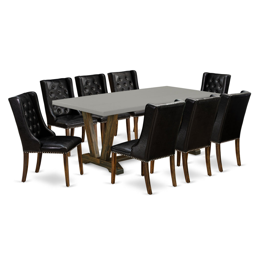 East West Furniture V797FO749-9 9-Piece Dining Room Table Set - 8 Black Pu faux Leather Dining Room Chairs Button Tufted with Nail heads and Dining Table - Distressed Jacobean Finish