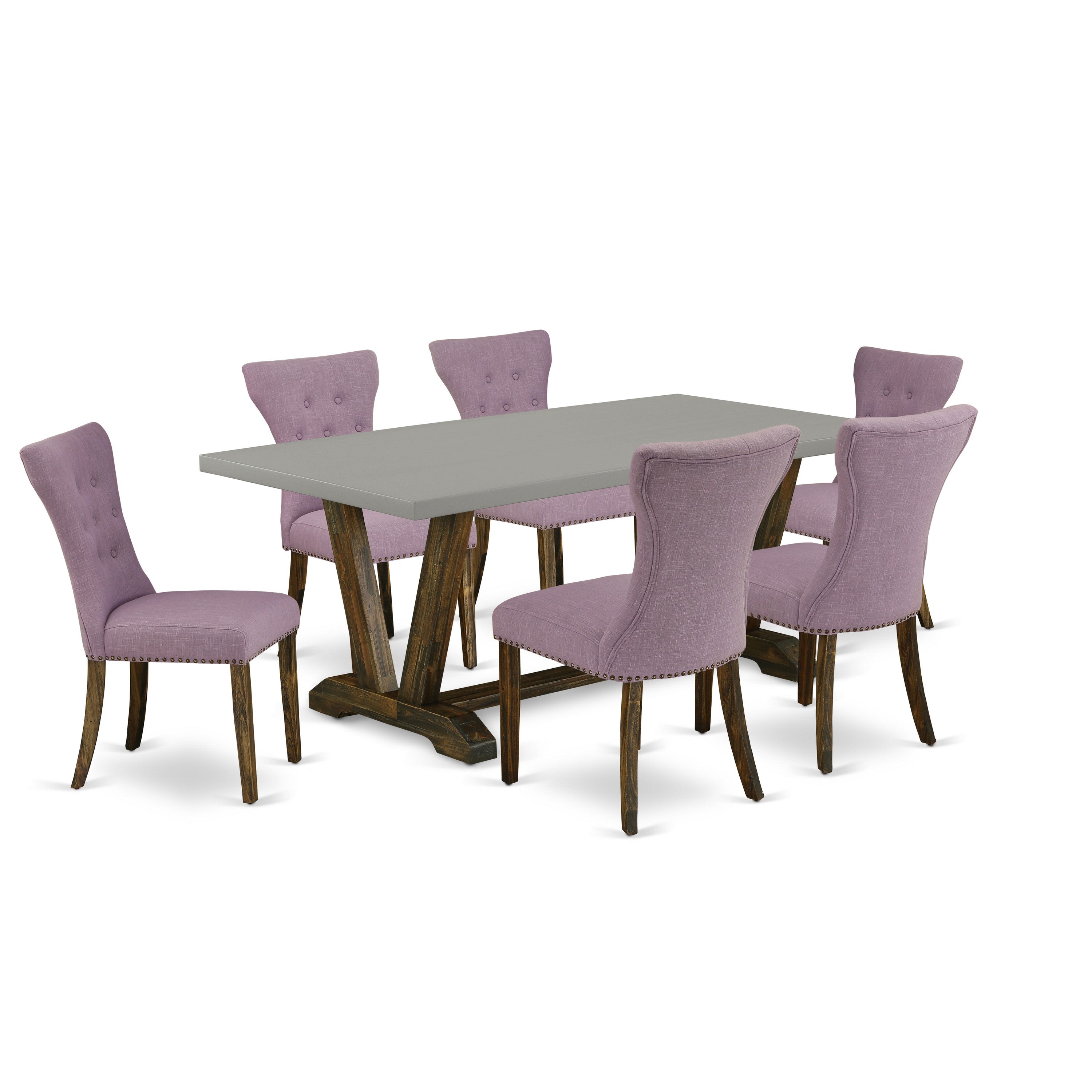 East West Furniture V797GA740-7 7-Pc Rectangular Dining Table Set A Beautiful Cement Color dining table top And 6 Wonderful Parson Dining chairs With Nail Heads And Button Tufted, Distressed Jacobean Finish