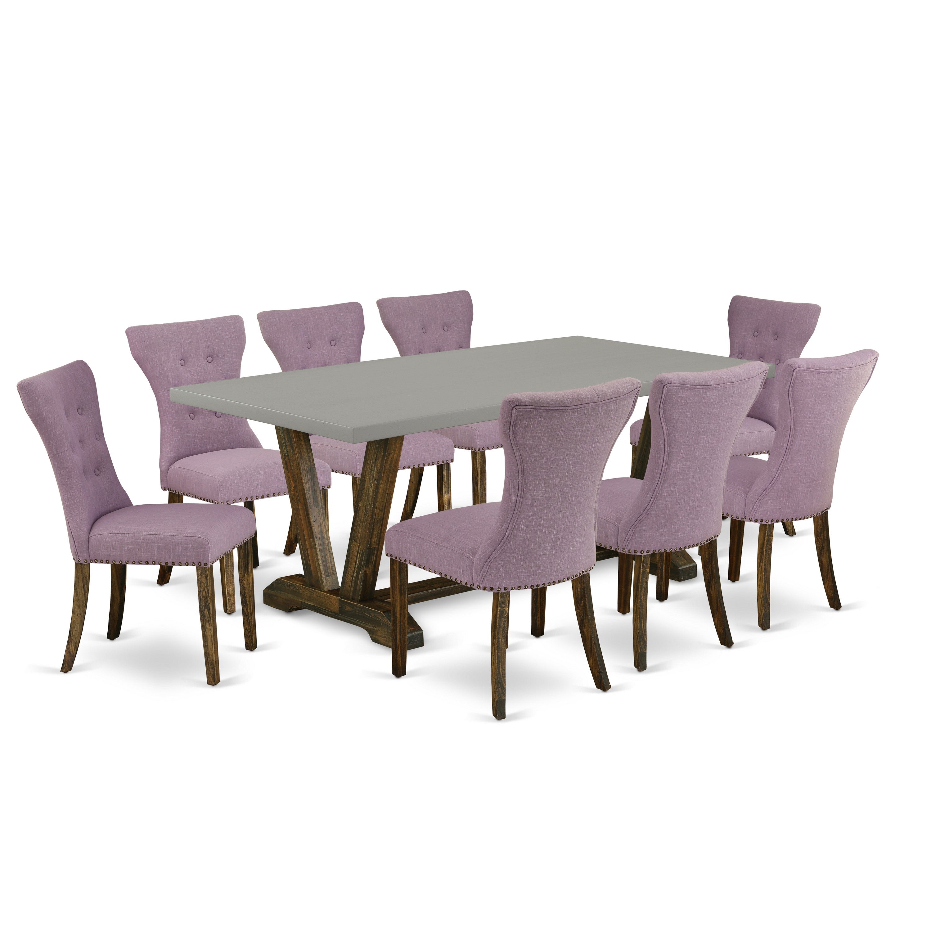 East West Furniture V797GA740-9 9-Piece Dining room Table Set an Excellent Cement Dining room Table top and 8 Beautiful Parson chairs with Nail Heads and Button Tufted, Distressed Jacobean Finish
