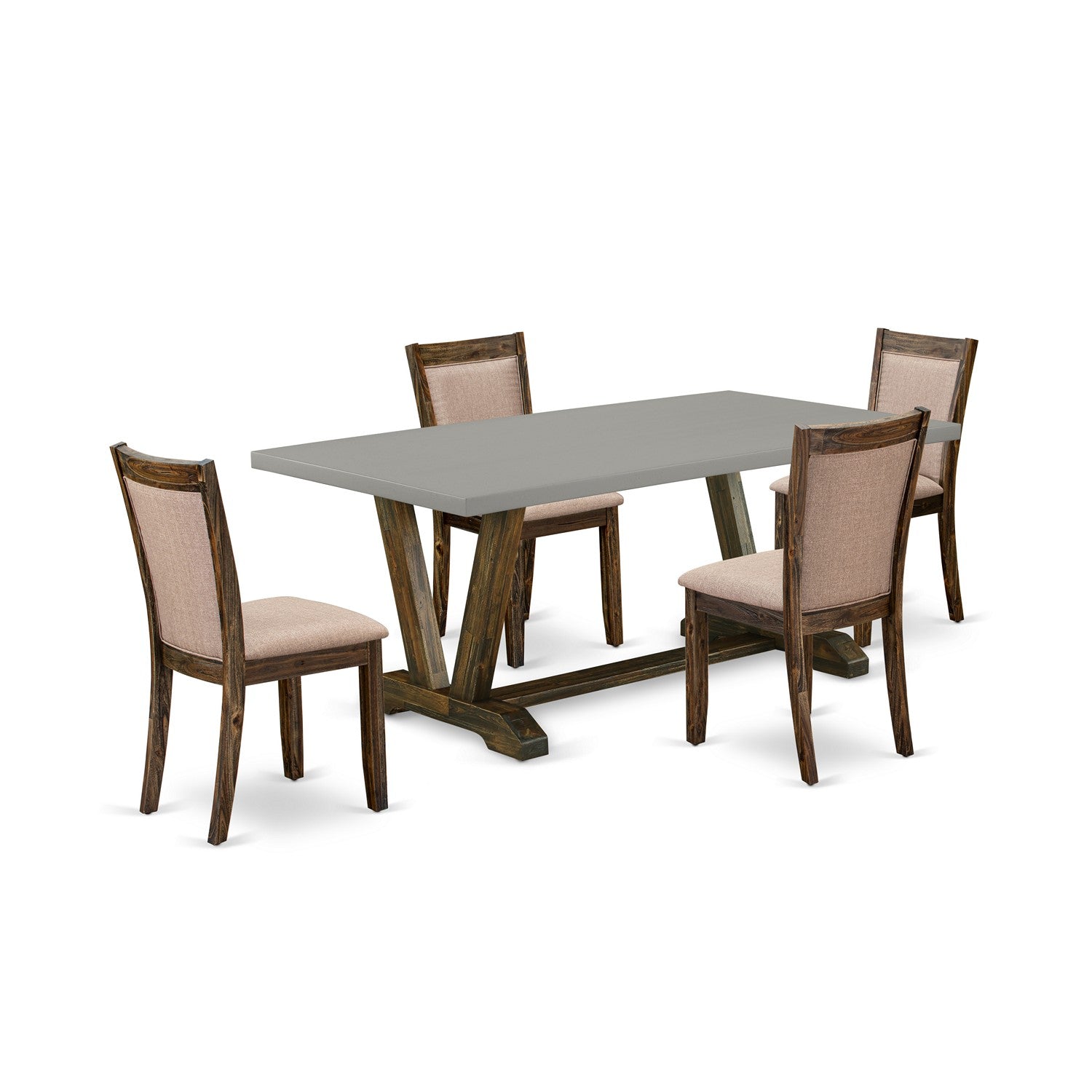 East West Furniture V797MZ716-5 5 Piece Modern Dining Set - A Cement Top Wooden Table with Trestle Base and 4 Dark Khaki Linen Fabric Chairs For Dining Room - Distressed Jacobean Finish